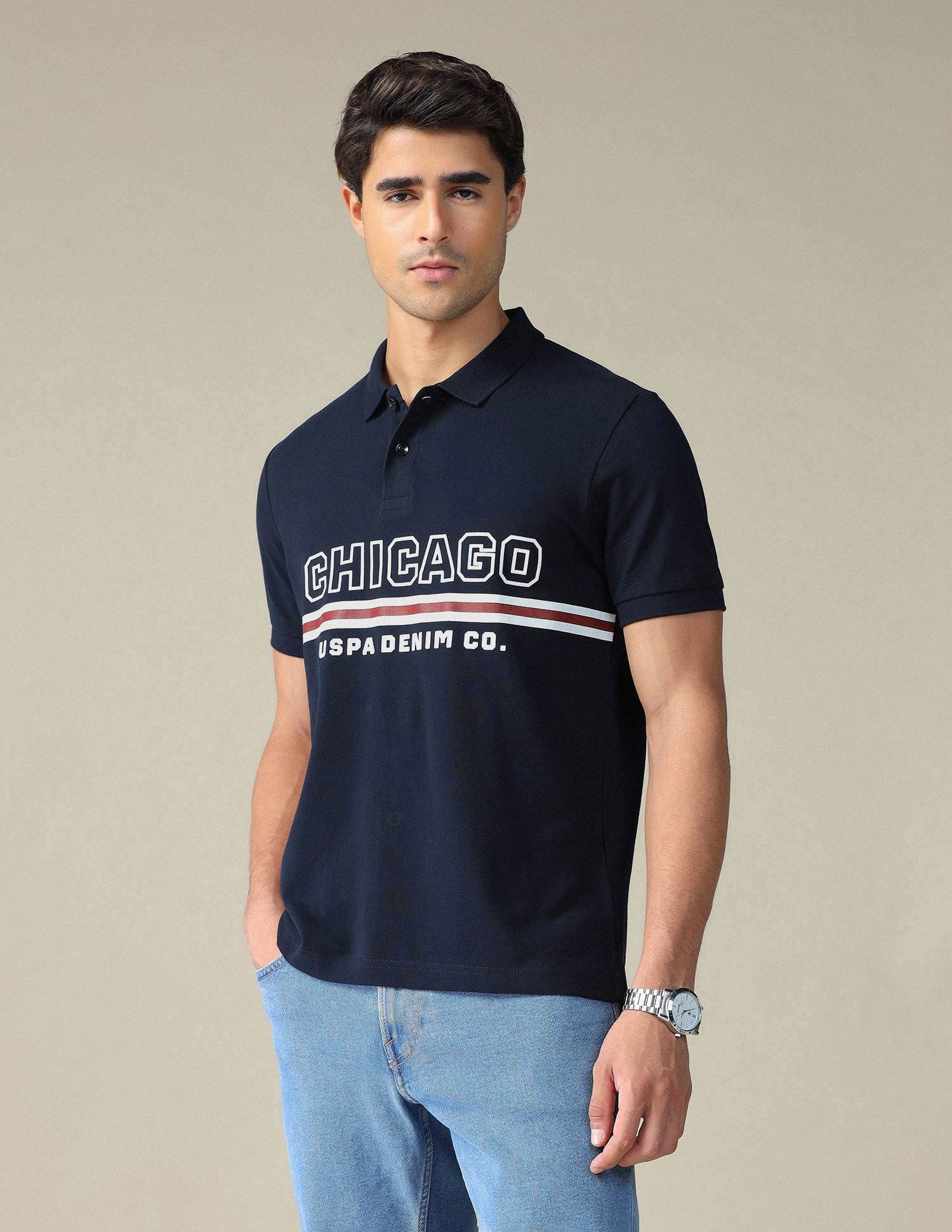 Typographic Printed Muscle Fit Polo Shirt Navy - U.S. POLO ASSN. | Large