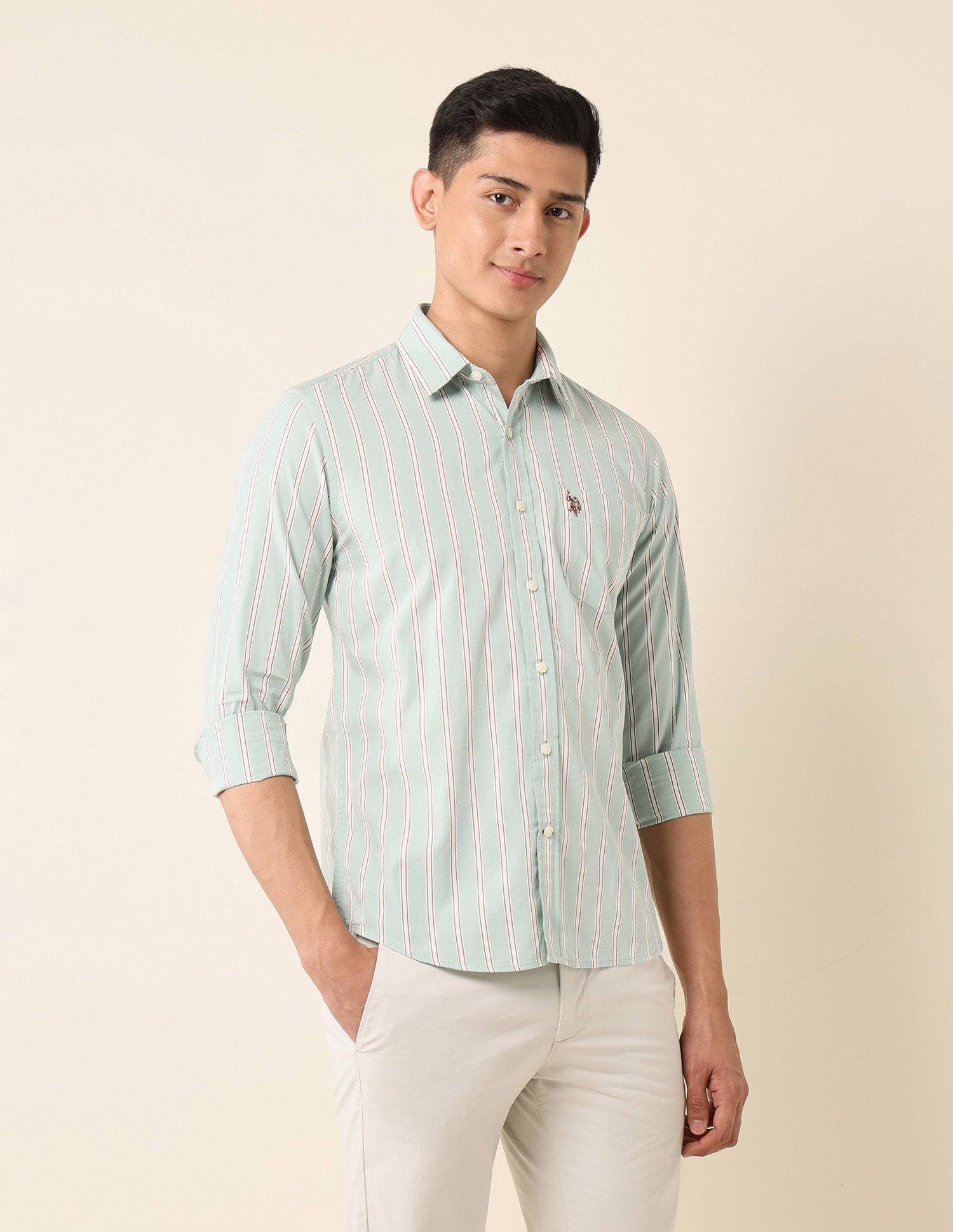 Vertical Striped Pure Cotton Shirt Light Green - U.S. Polo Assn. India | Large