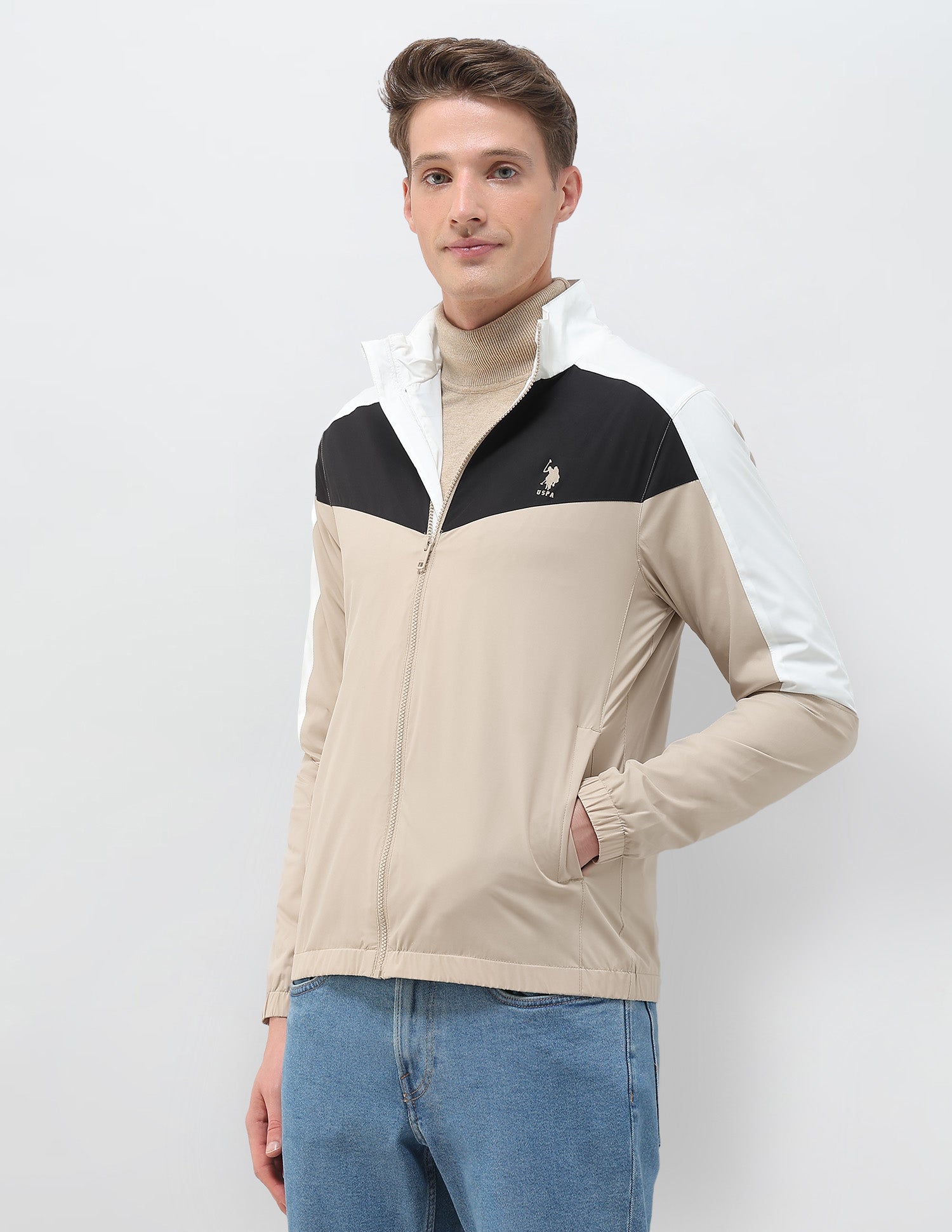 Colour Blocked Windcheater Jacket Beige - U.S. POLO ASSN. | Large
