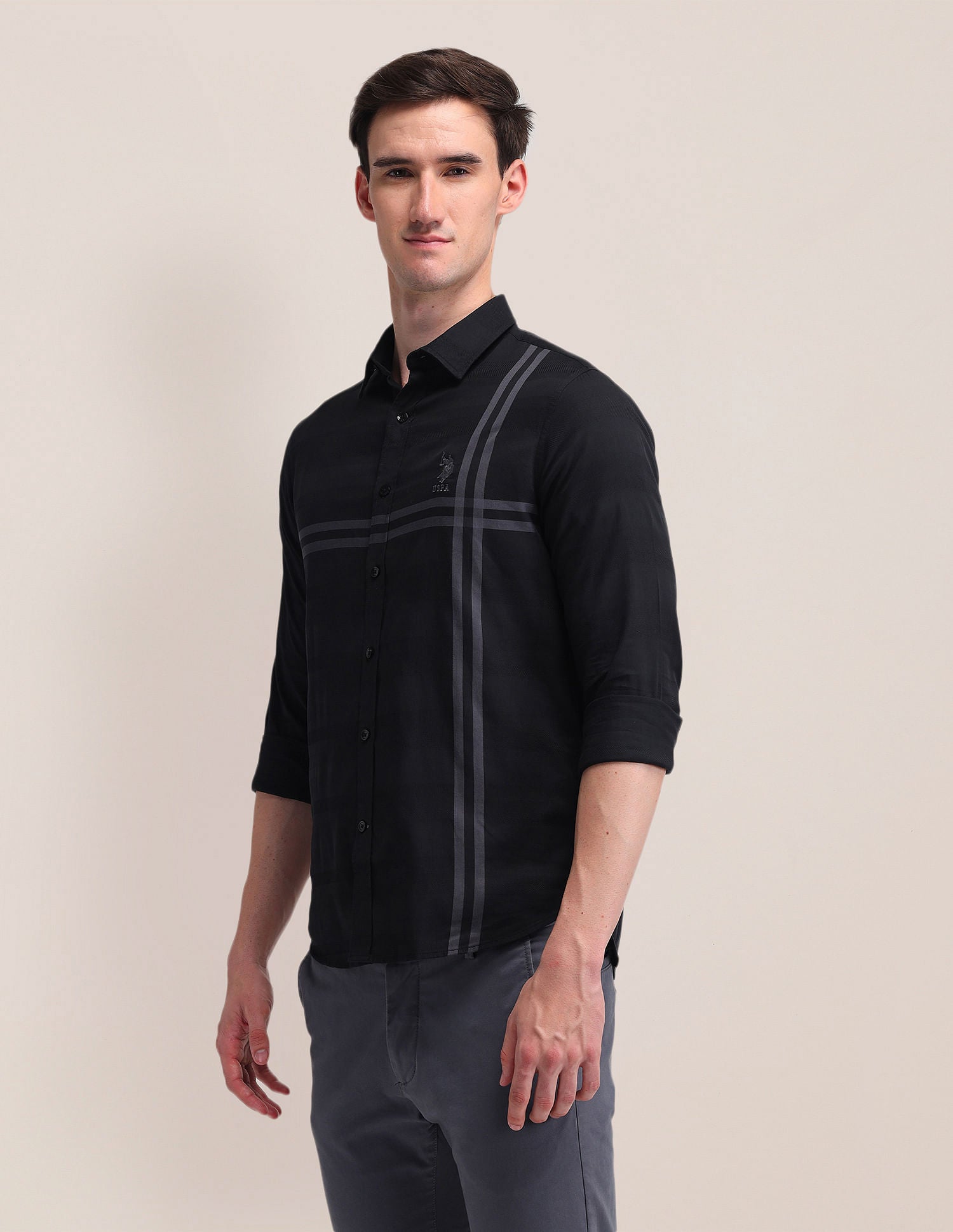Horizontal Striped Dobby Weave Shirt Black - U.S. Polo Assn. India | Large