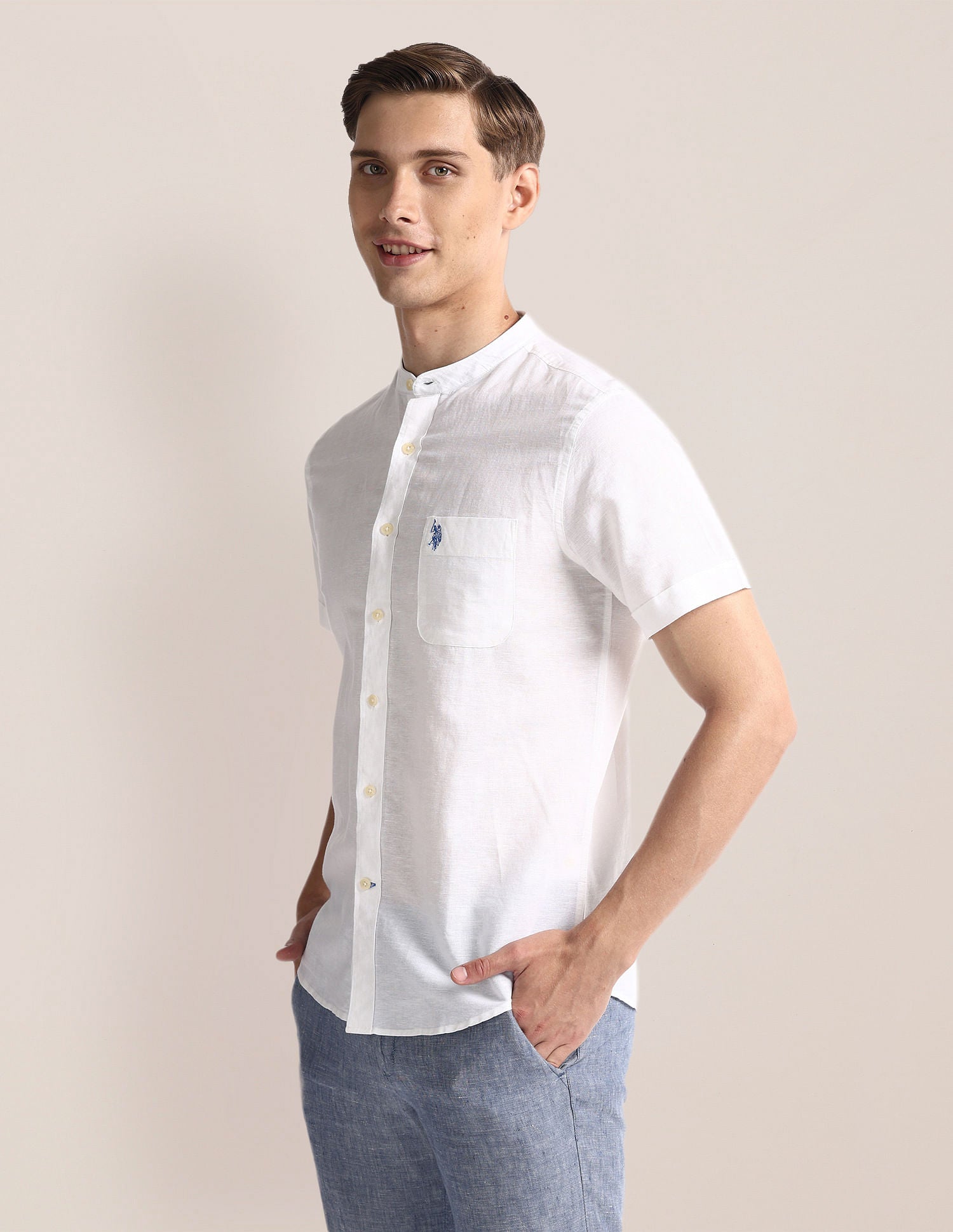 Mandarin Collar Linen Blend Shirt White - U.S. Polo Assn. India | Large