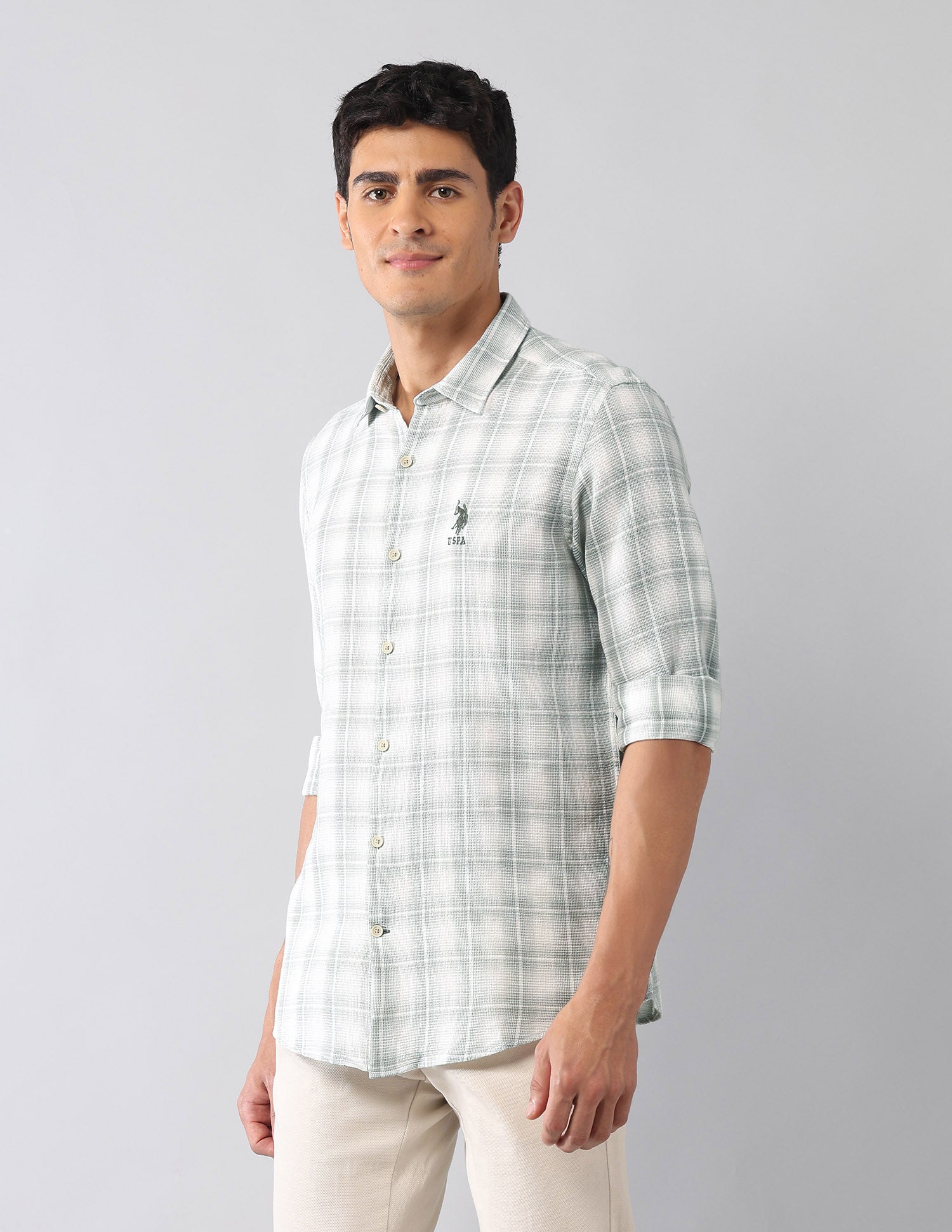 Tartan Checked Dobby Regular Fit Shirt Light Green - U.S. Polo Assn. India | Large