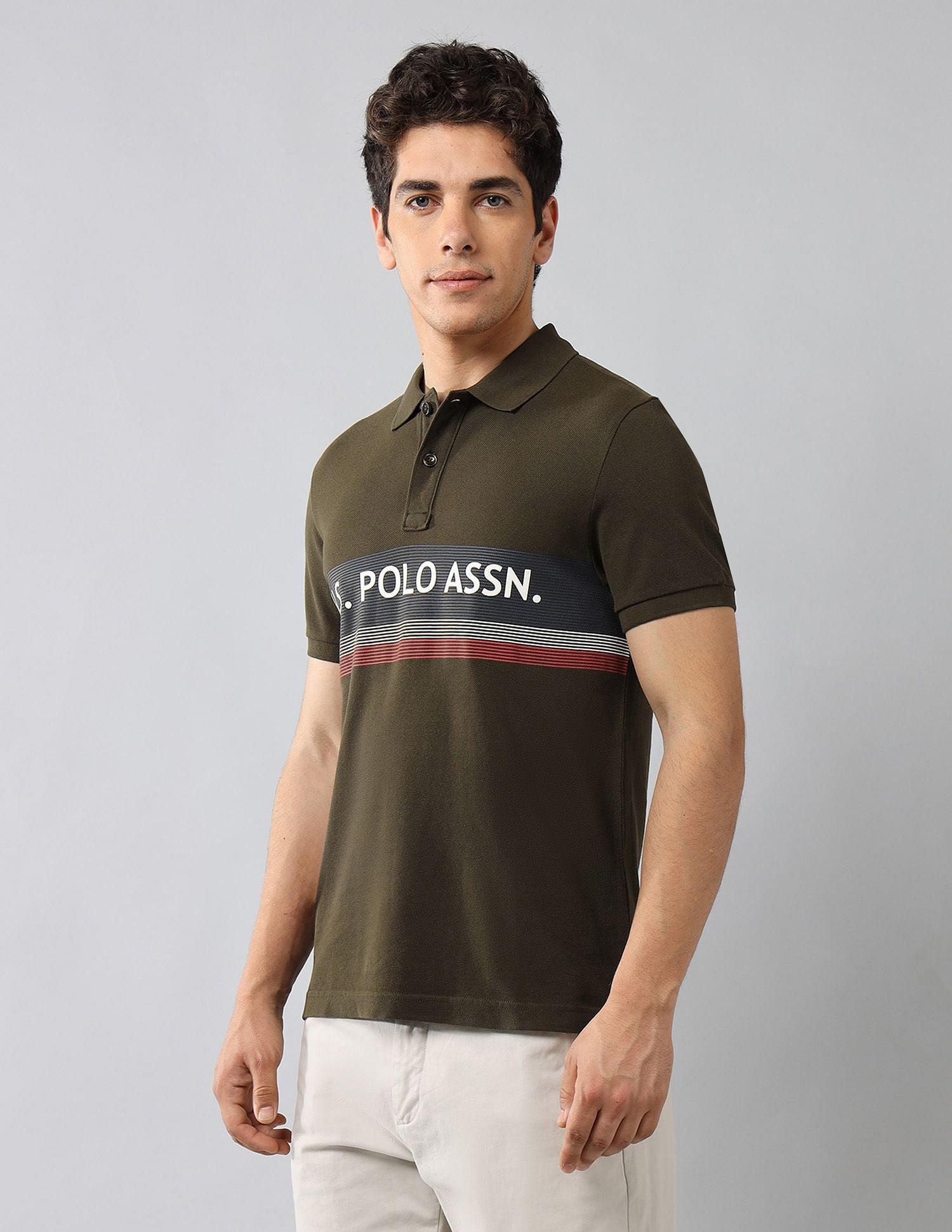 Brand Printed Muscle Fit Polo Shirt Olive - U.S. Polo Assn. India | Large