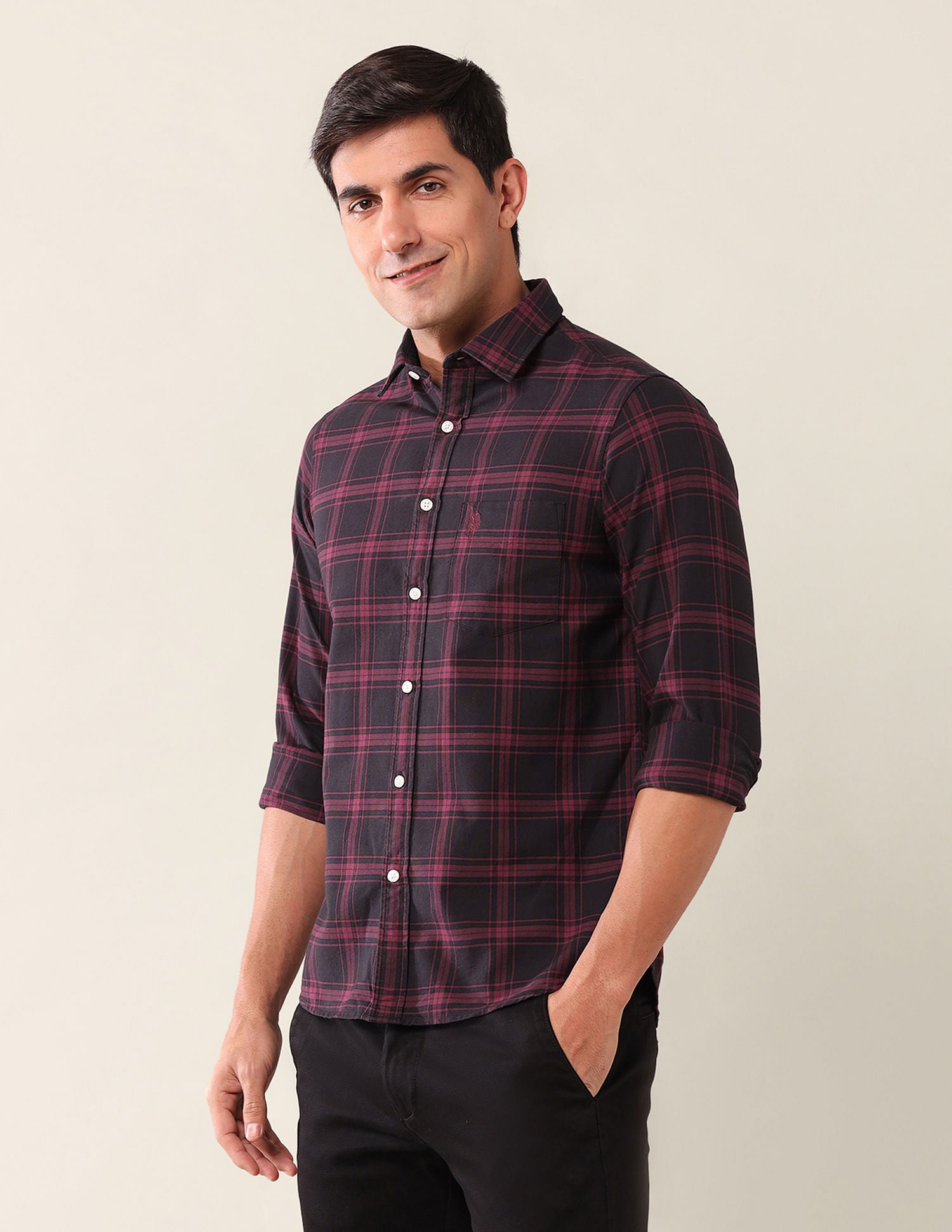 Tailored Fit Checked Shirt Maroon - U.S. Polo Assn. India | Large