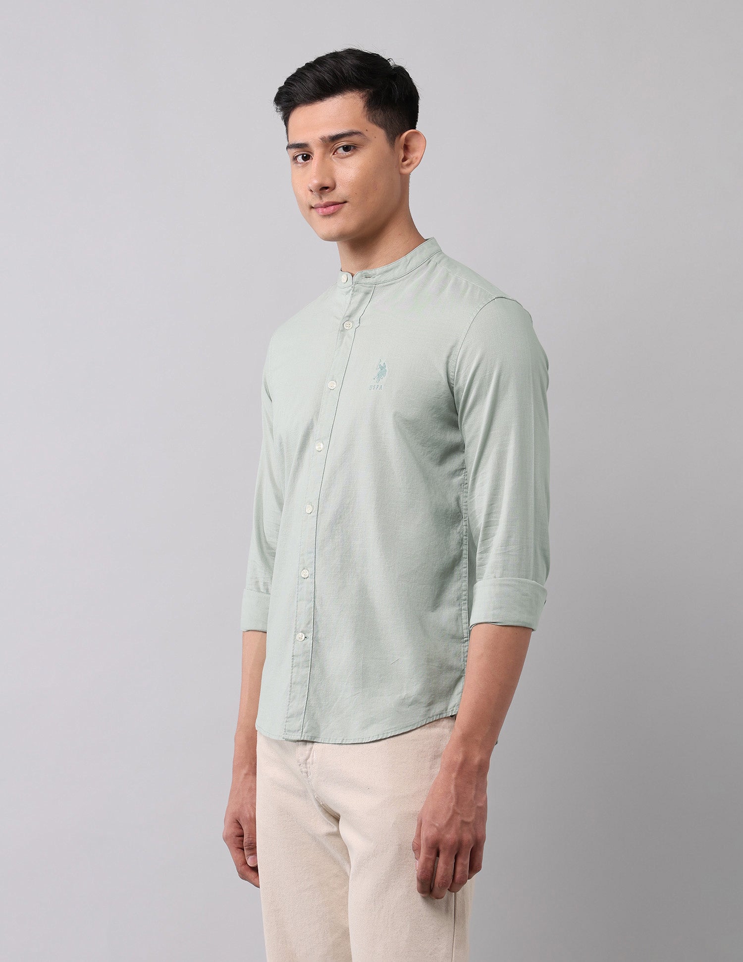 Slim Fit Poplin Mandarin Shirt Light Green - U.S. Polo Assn. India | Large