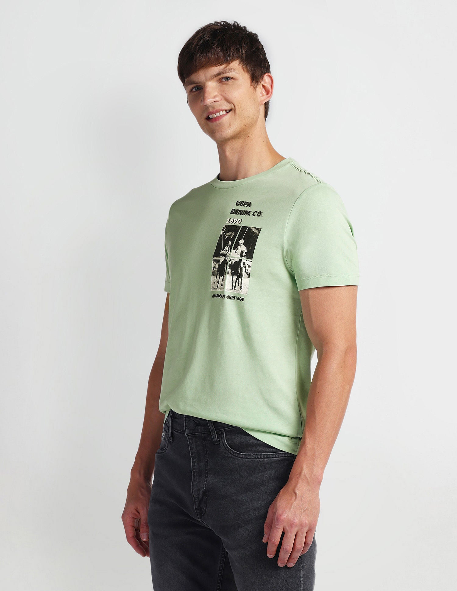 Brand Print Muscle Fit T-Shirt Light Green - U.S. Polo Assn. India | Large