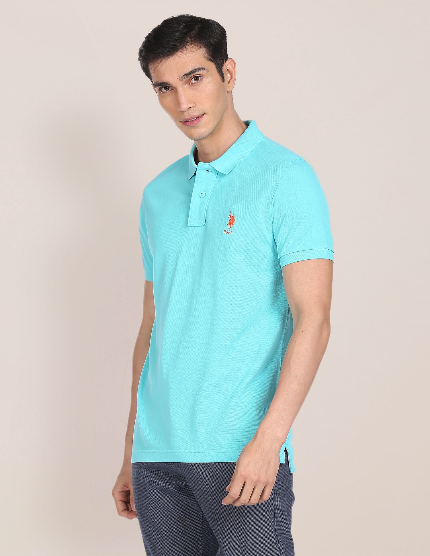 Ribbed Collar Solid Polo Shirt Aqua - U.S. POLO ASSN. | Large