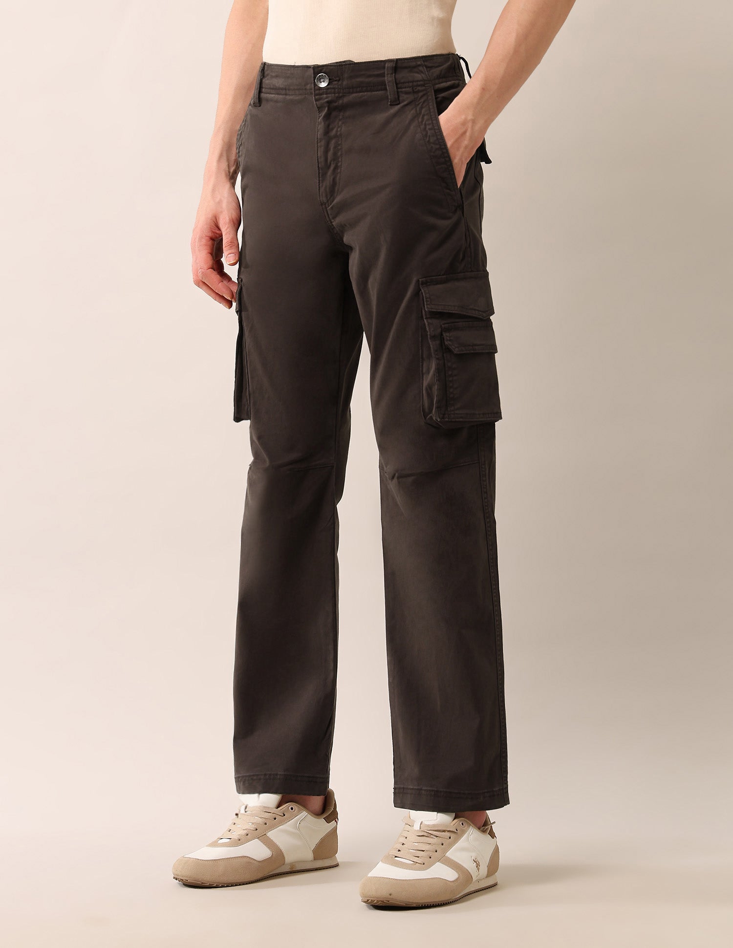 Solid Straight Fit Twill Cargos Brown - U.S. Polo Assn. India | Large