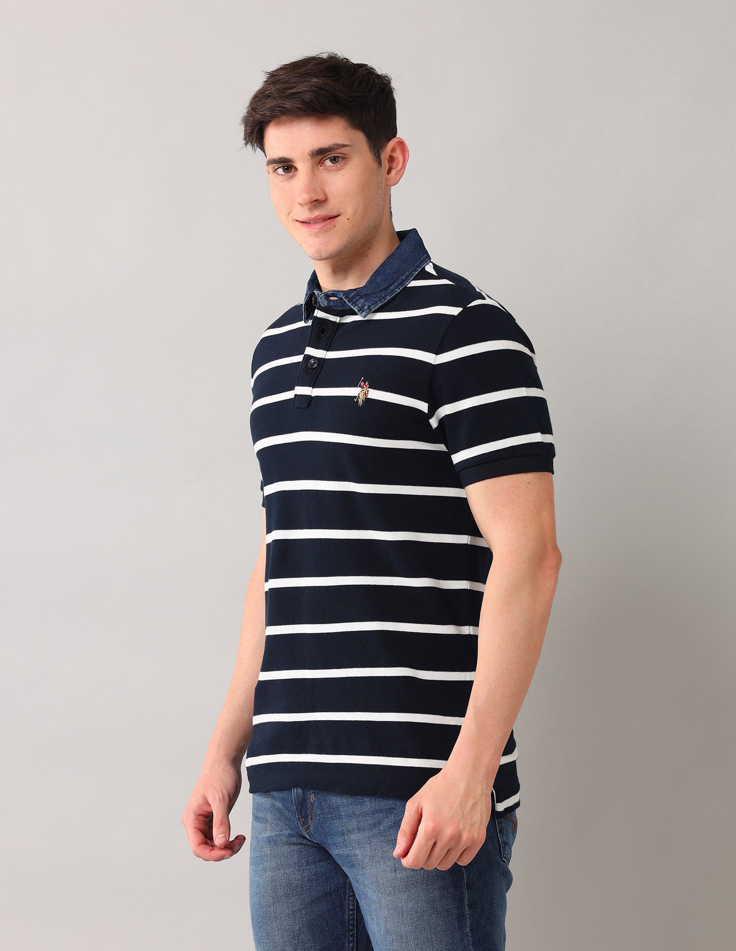 Horizontal Stripes Pure Cotton Polo Shirt Navy - U.S. Polo Assn. India | Large