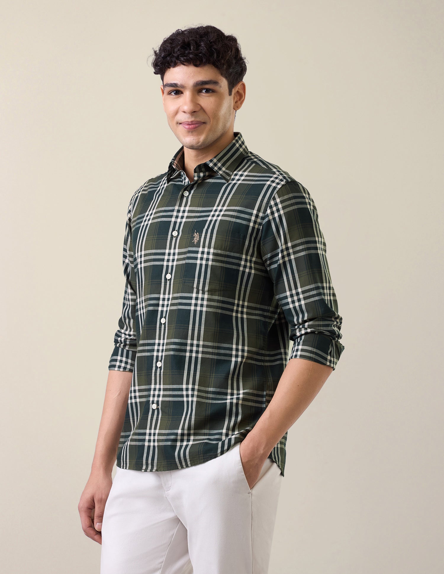 Plaid Checked Twill Shirt Dark Olive - U.S. Polo Assn. India | Large