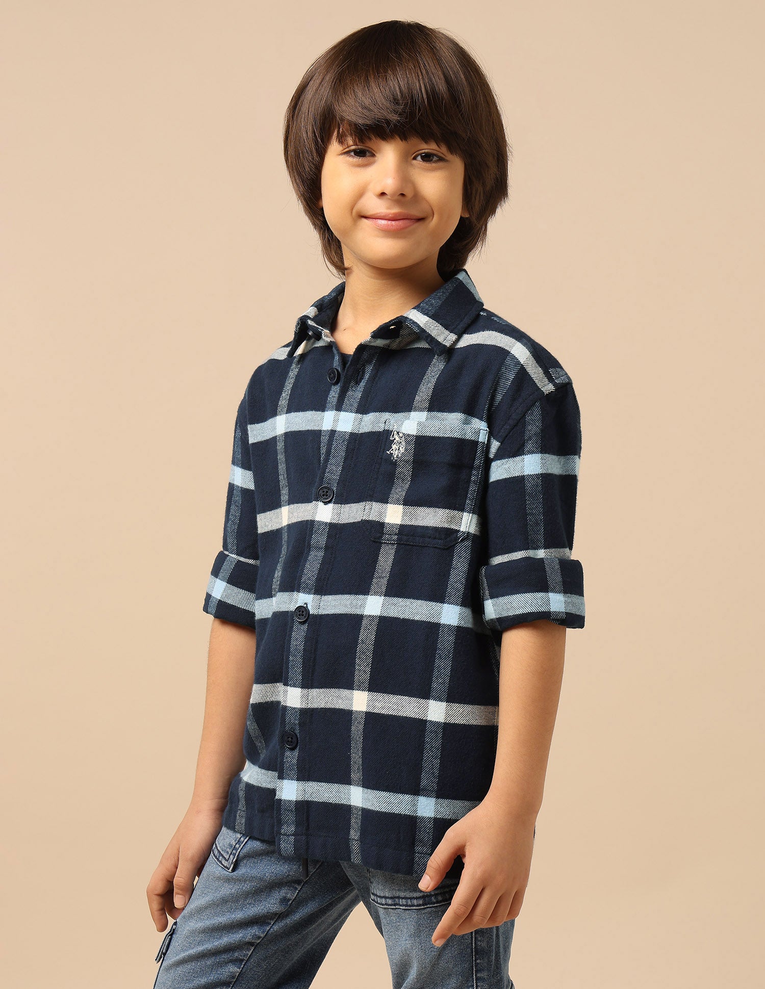 Boys Windowpane Checked Twill Shirt Navy - U.S. POLO ASSN. | Large
