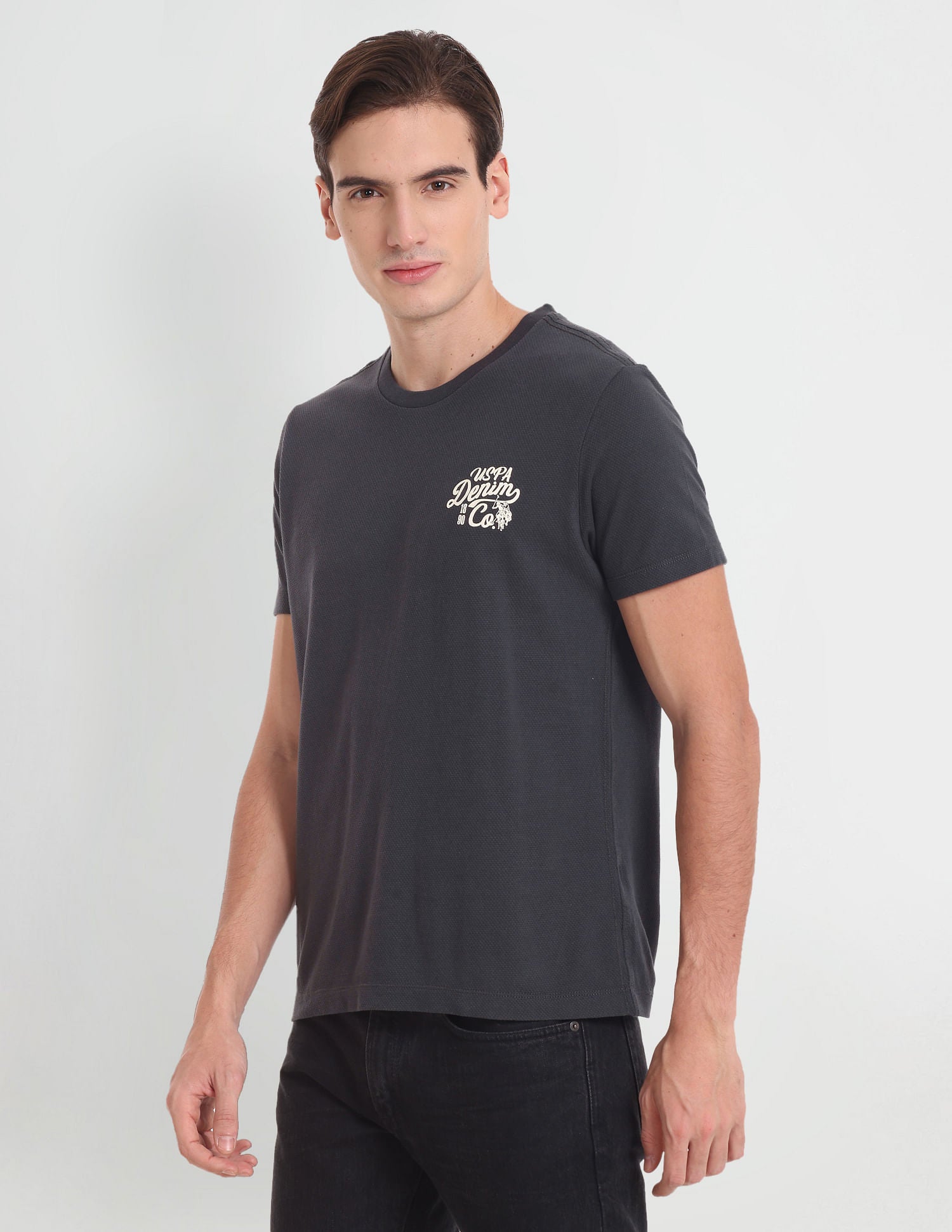 Muscle Fit Textured Solid T-Shirt Dark Grey - U.S. Polo Assn. India | Large