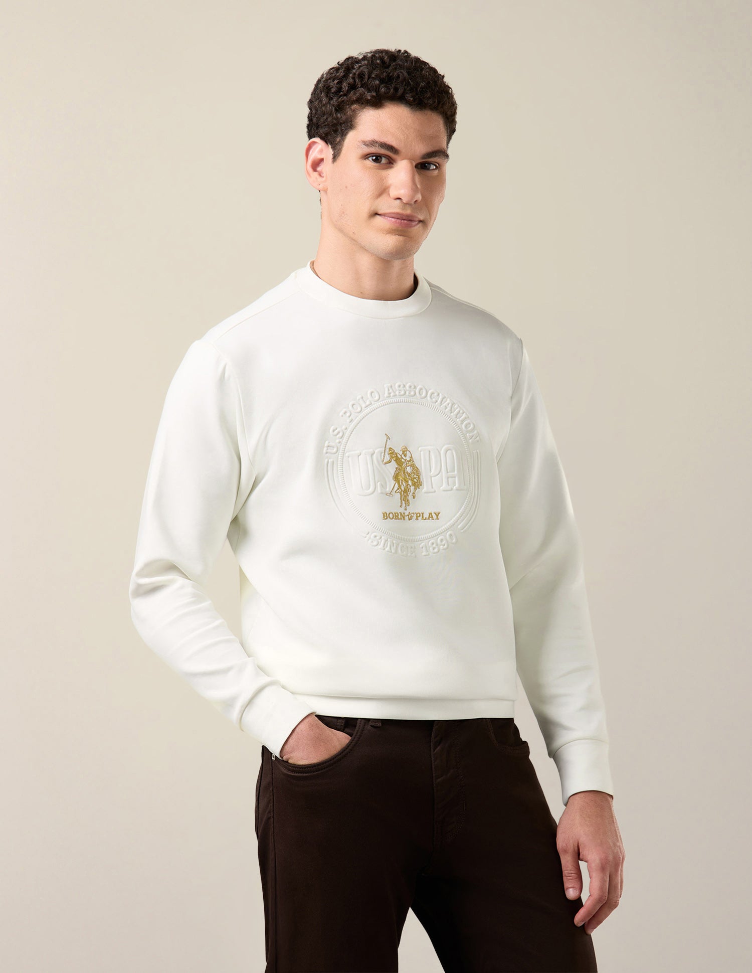 Brand Embossed Slim Fit Sweatshirt Off White - U.S. Polo Assn. India | Large