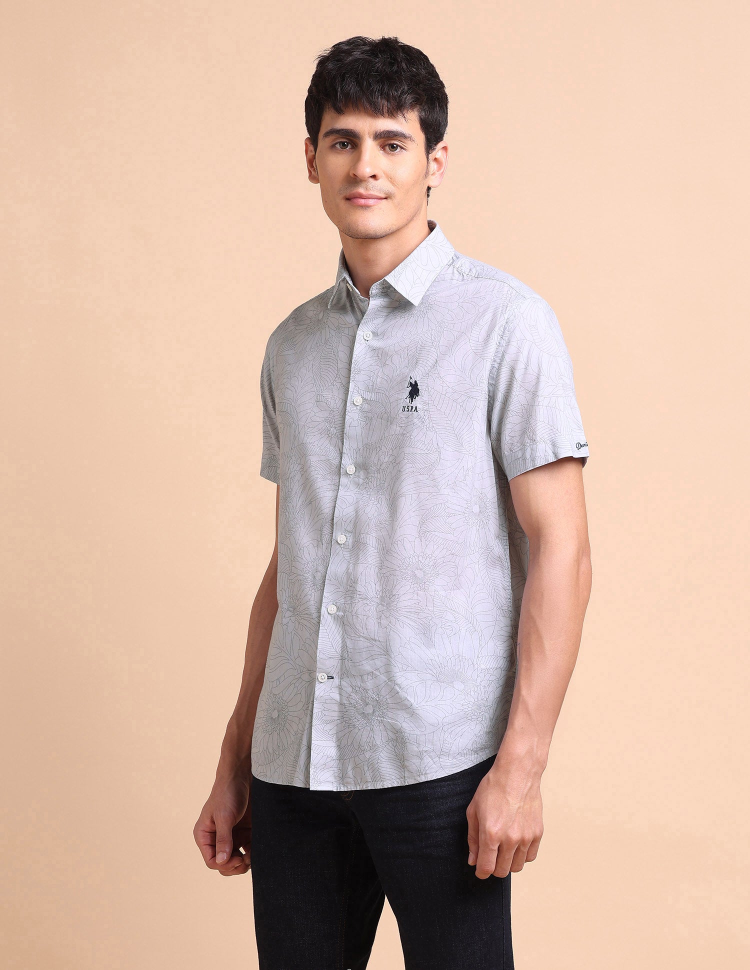 Manhattan Slim Fit Floral Printed Shirt Light Grey - U.S. POLO ASSN. | Large