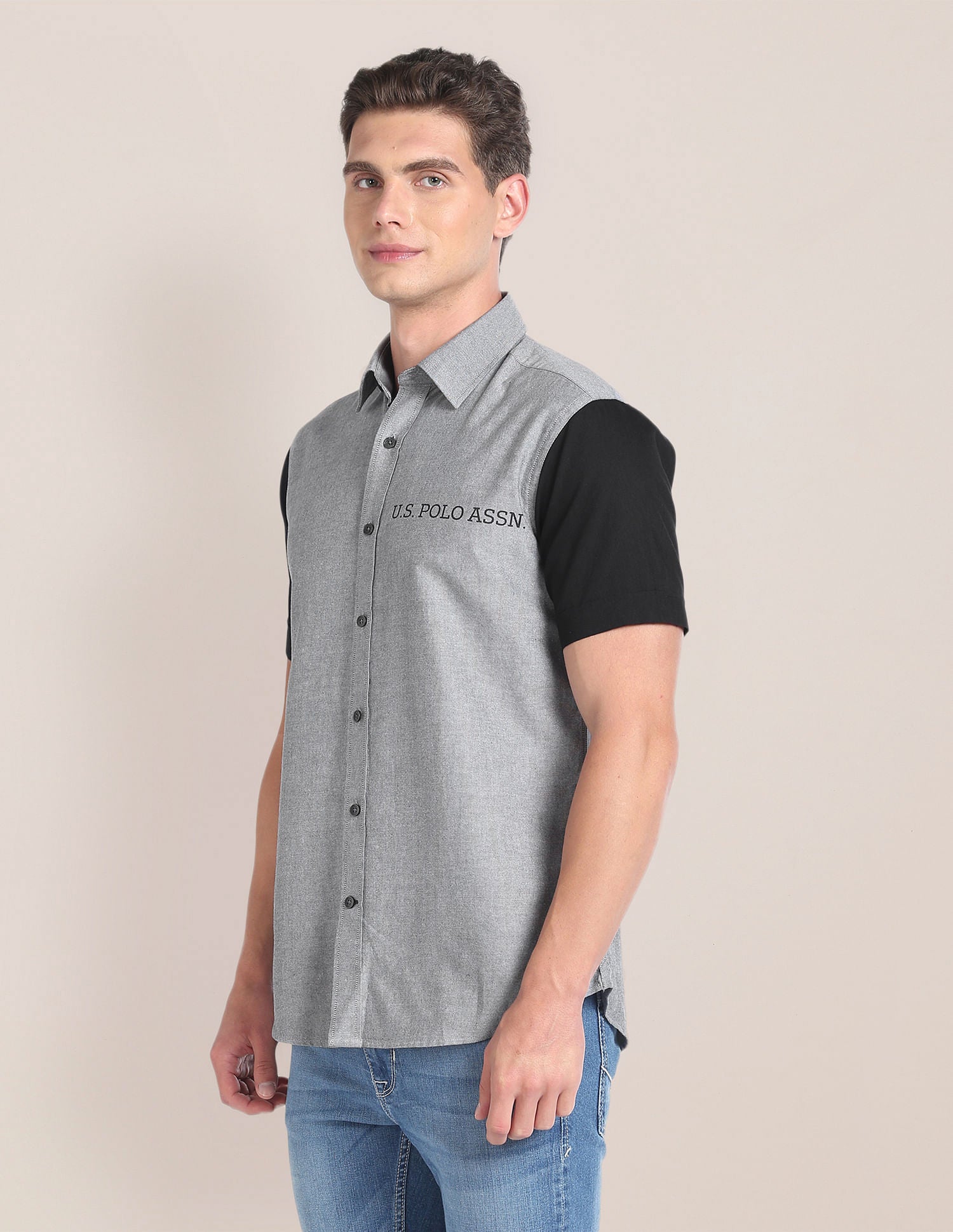 Colour Block Cotton Shirt Grey - U.S. POLO ASSN. | Large