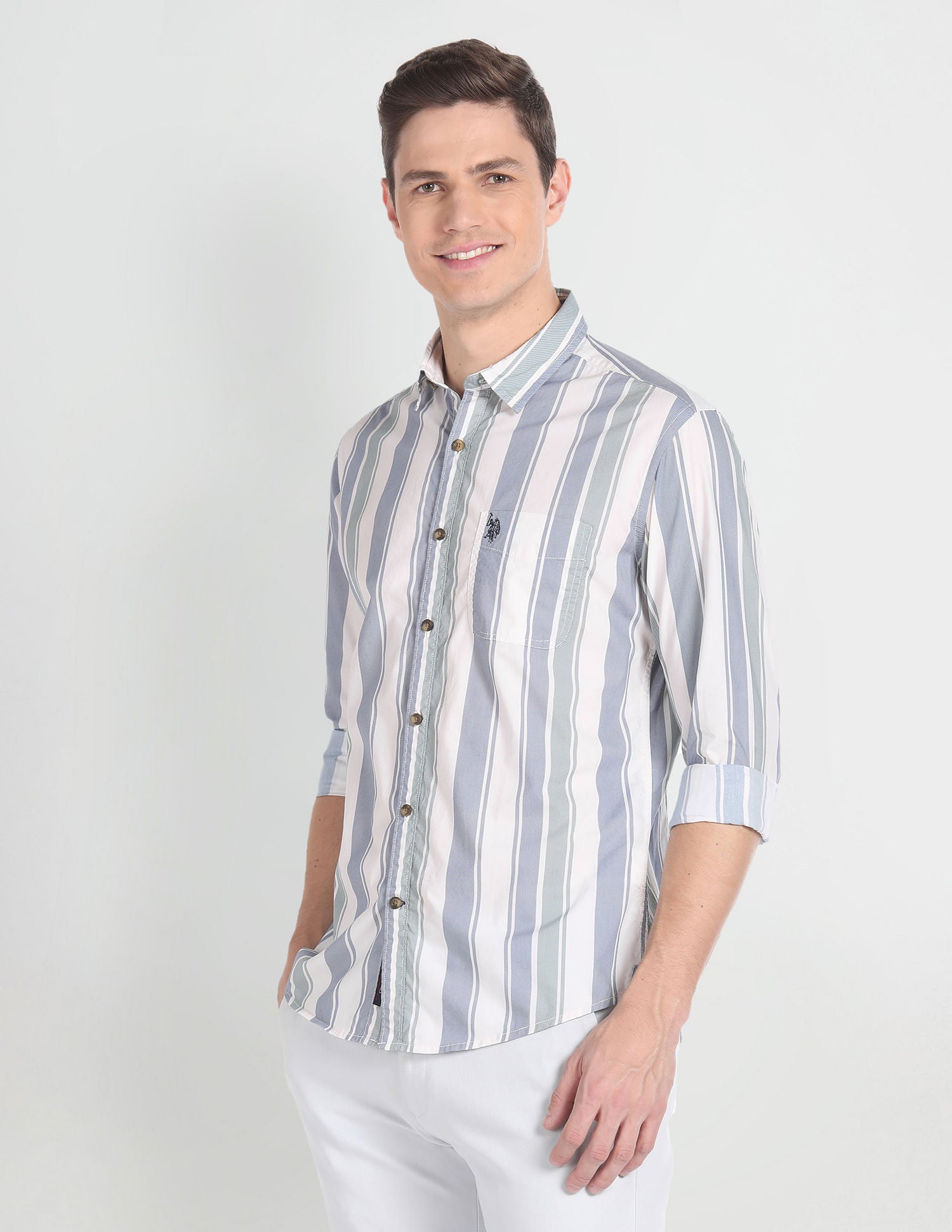 Vertical Stripe Cotton Shirt Ecru, Blue and Green - U.S. POLO ASSN. | Large