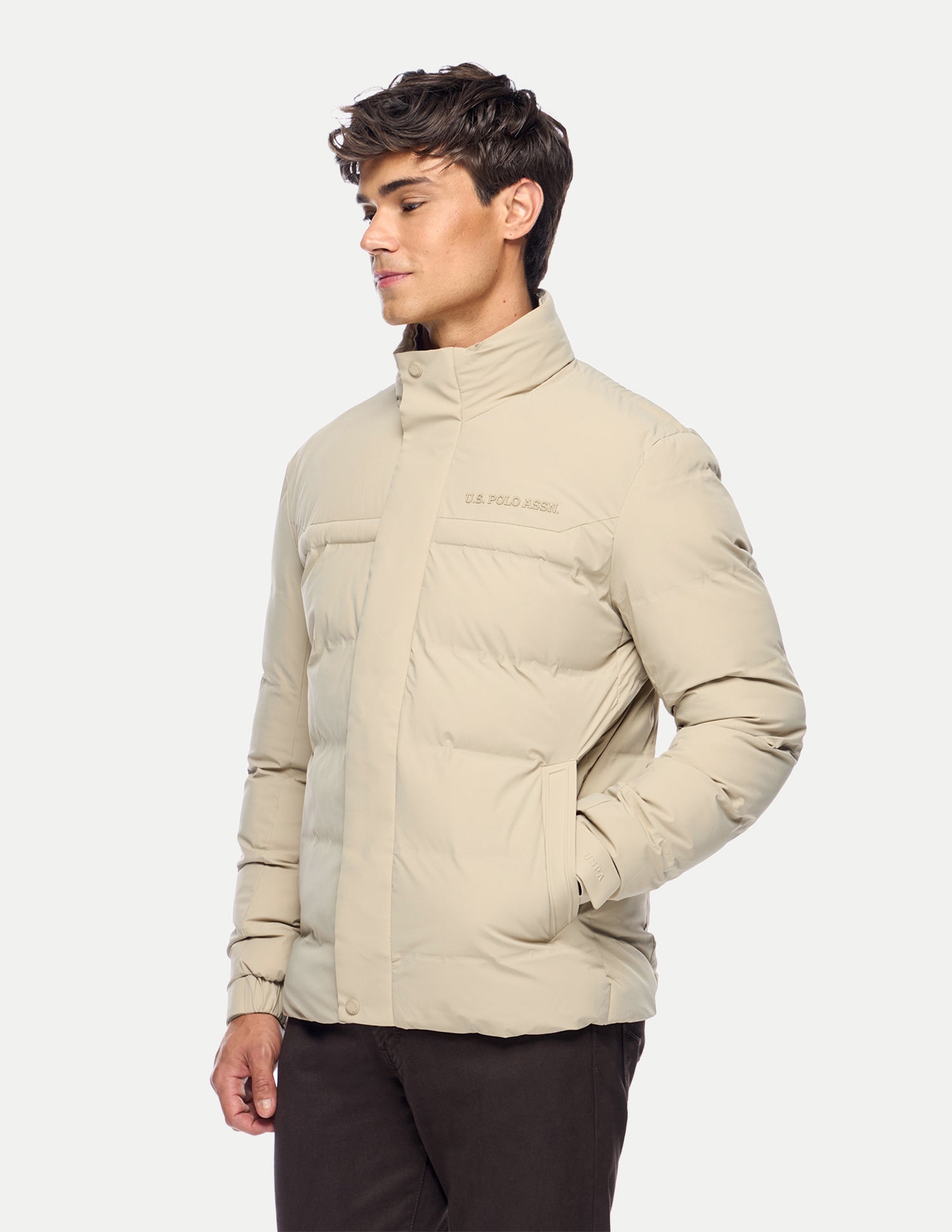 Solid Regular Fit Puffer Jacket Beige - U.S. Polo Assn. India | Large