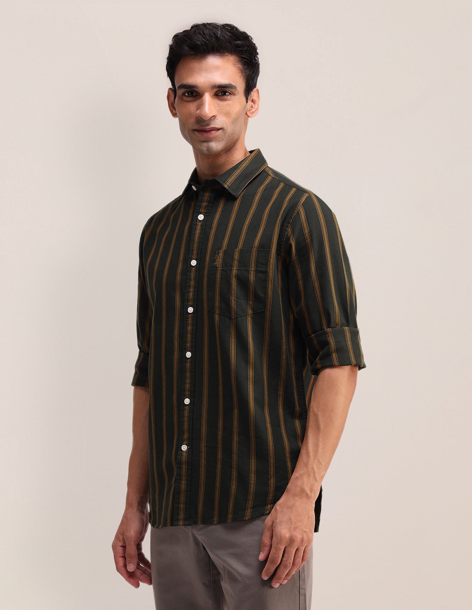 Vertical Striped Twill Shirt Ochre - U.S. Polo Assn. India | Large