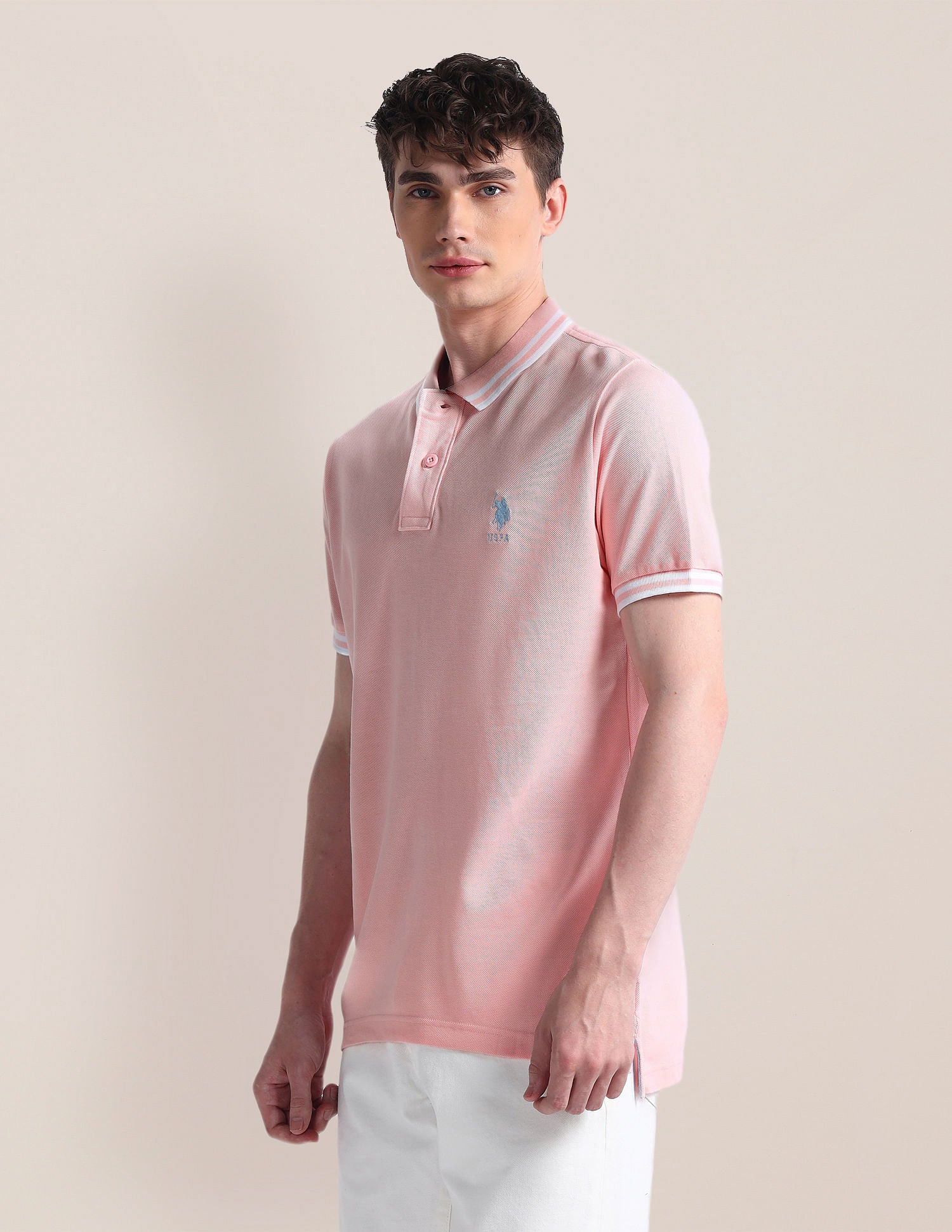 Slim Fit Pure Cotton Polo Shirt Light Pink - U.S. POLO ASSN. | Large