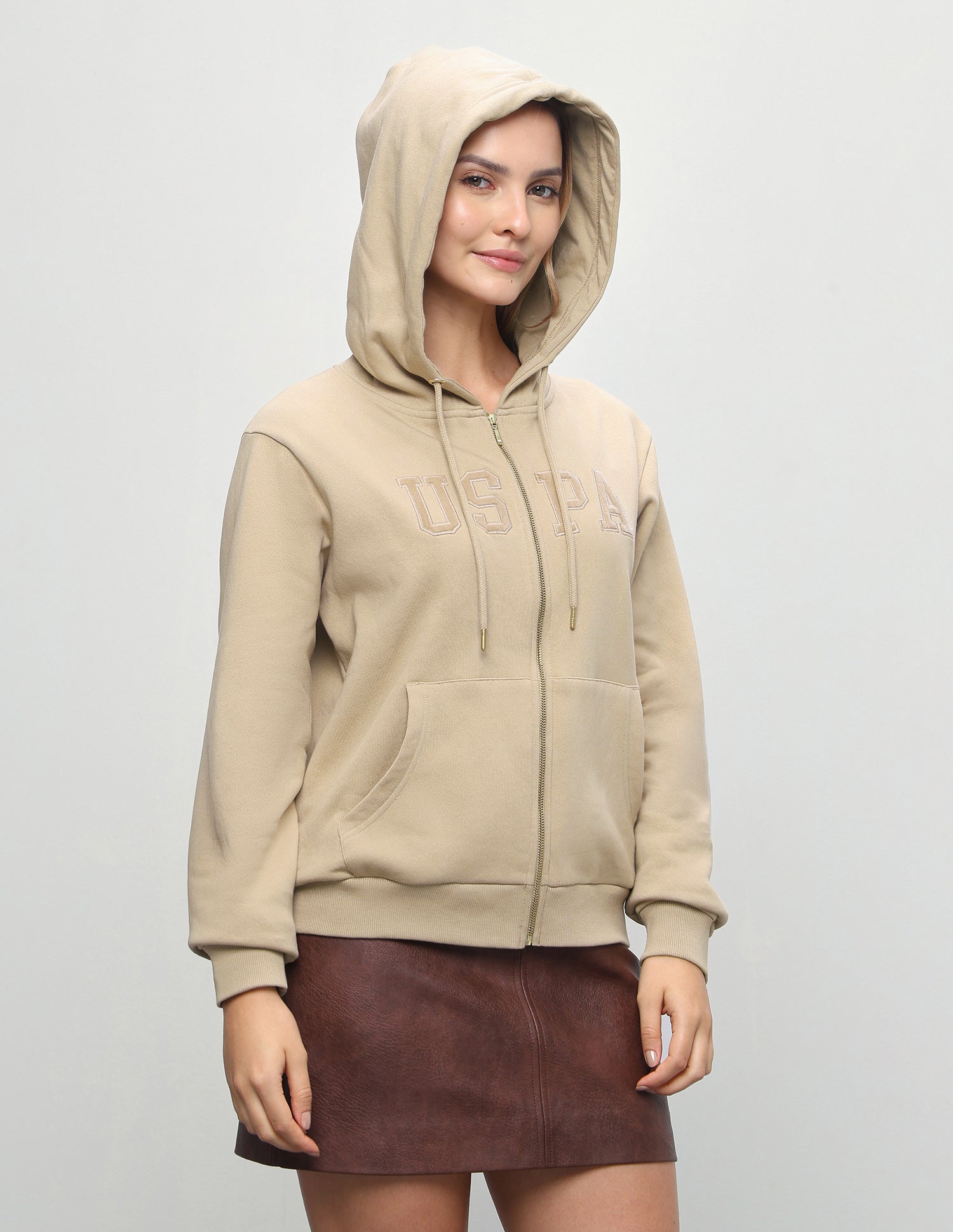 Brand Applique Relaxed Fit Zipper Sweatshirt Beige - U.S. Polo Assn. India | Large