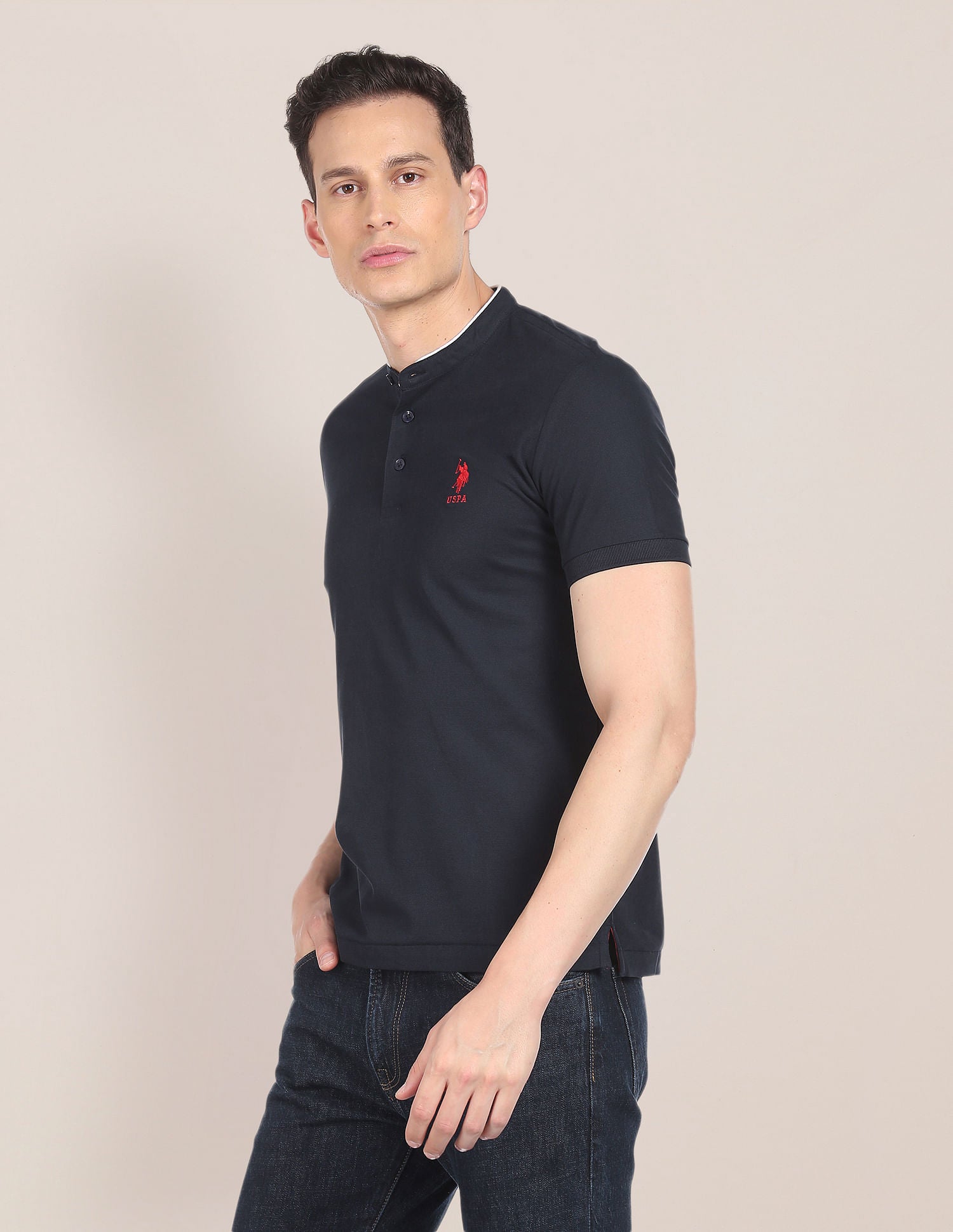 Mandarin Collar Brand Logo Polo Shirt Navy - U.S. Polo Assn. India | Large