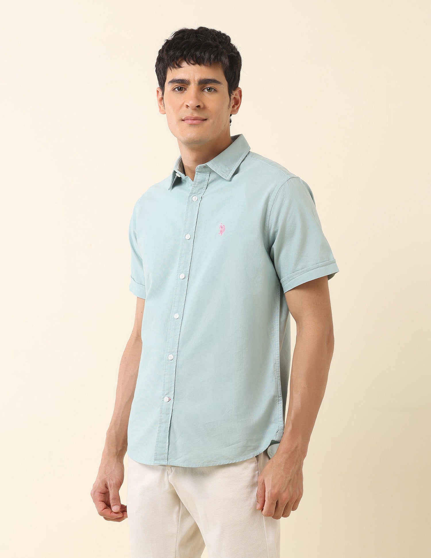 Tailored Fit Solid Pure Cotton Shirt Mint - U.S. Polo Assn. India | Large