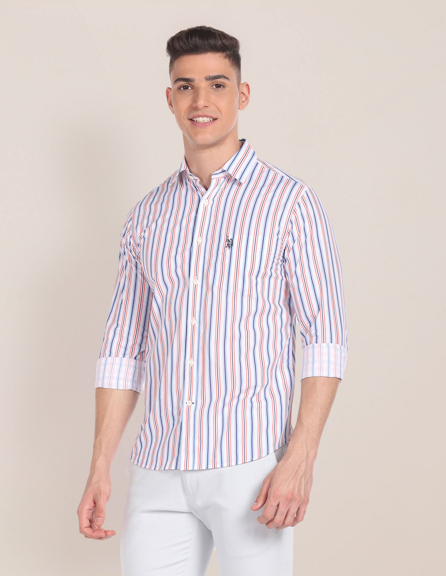 Vertical Stripe Cotton Shirt White, Blue and Red - U.S. Polo Assn. India | Large