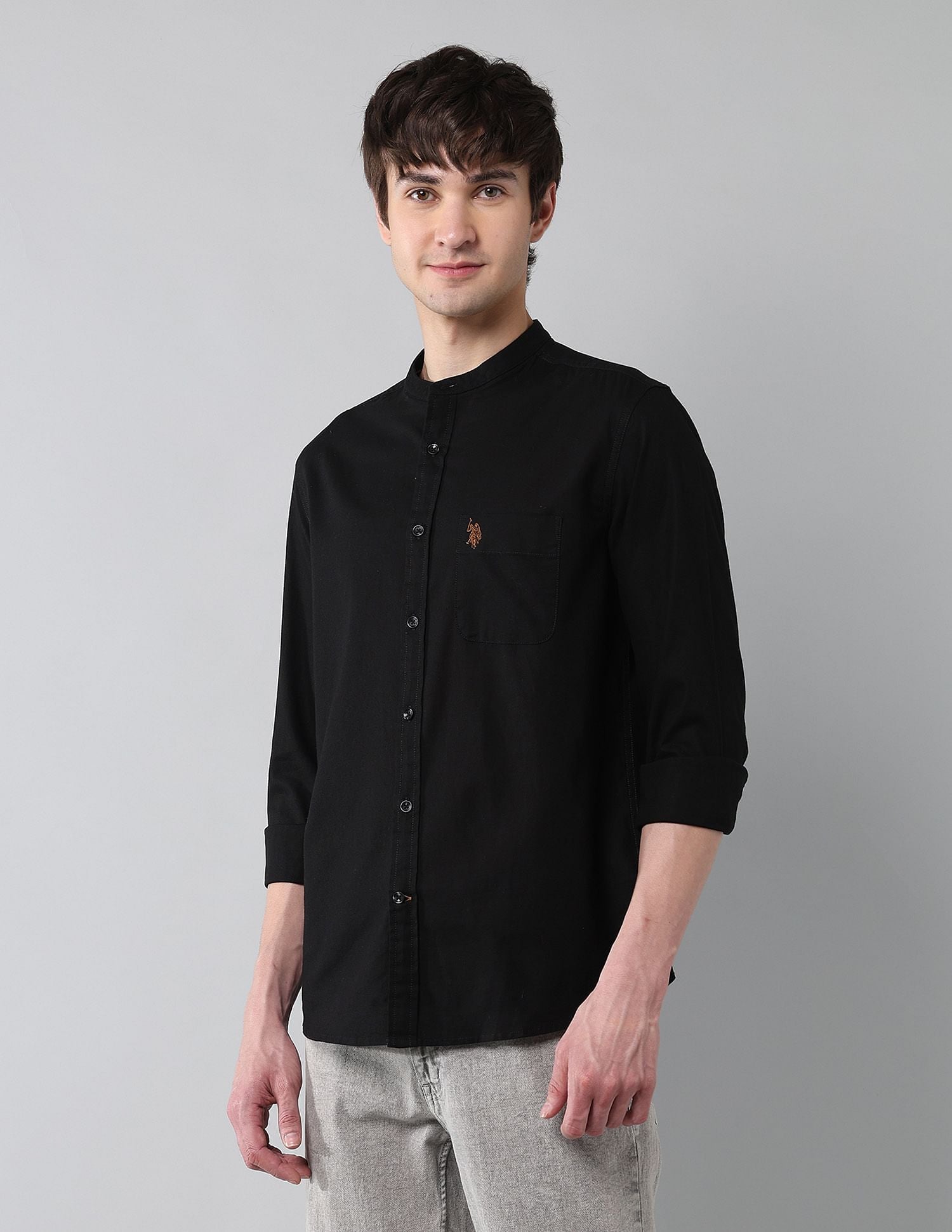 Solid Slub Mandarin Collar Shirt Black - U.S. Polo Assn. India | Large