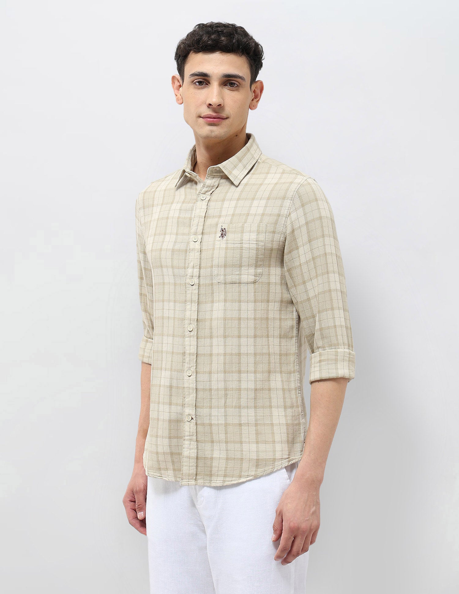 Tartan Checked Dobby Shirt Light Beige - U.S. Polo Assn. India | Large