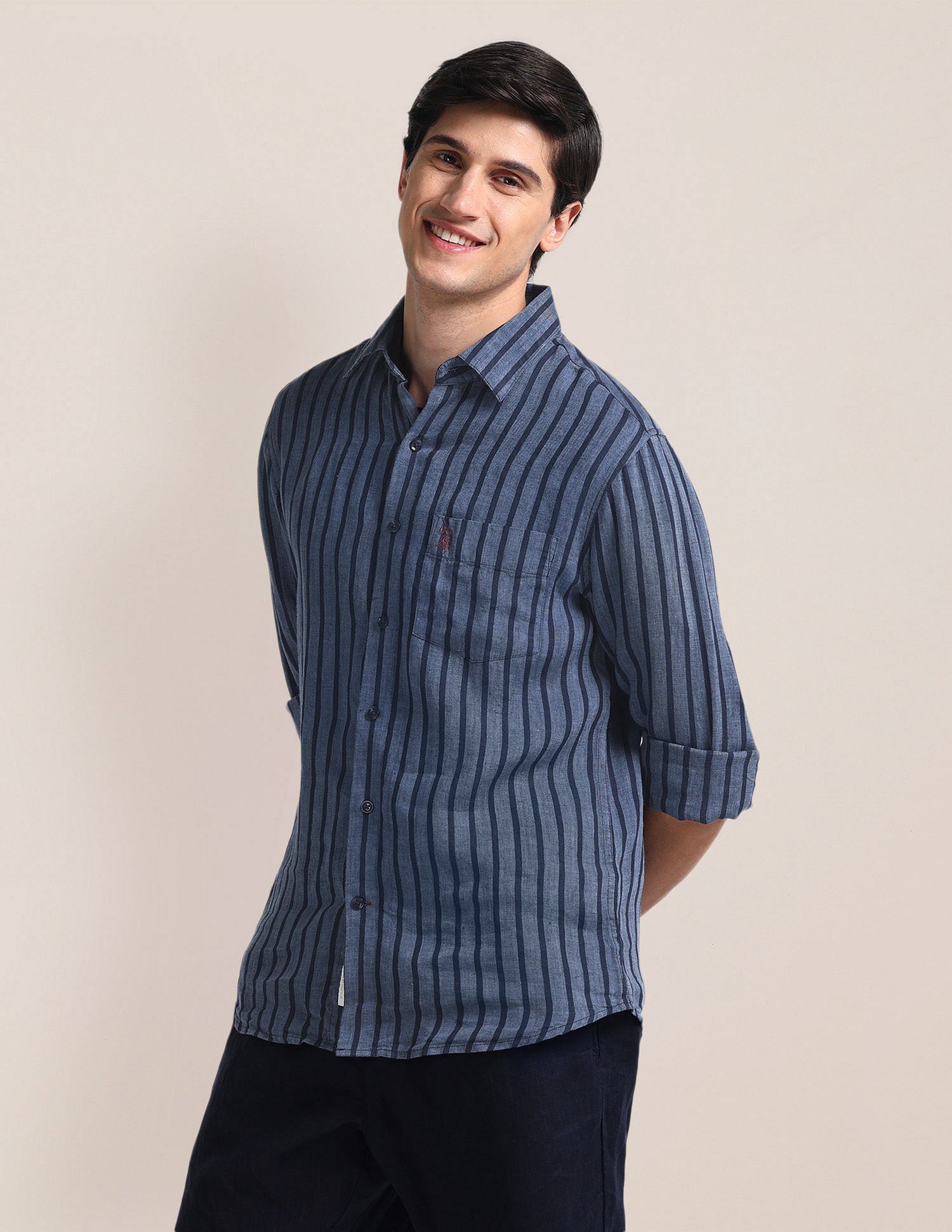 Vertical Stripe Linen Shirt Navy - U.S. Polo Assn. India | Large