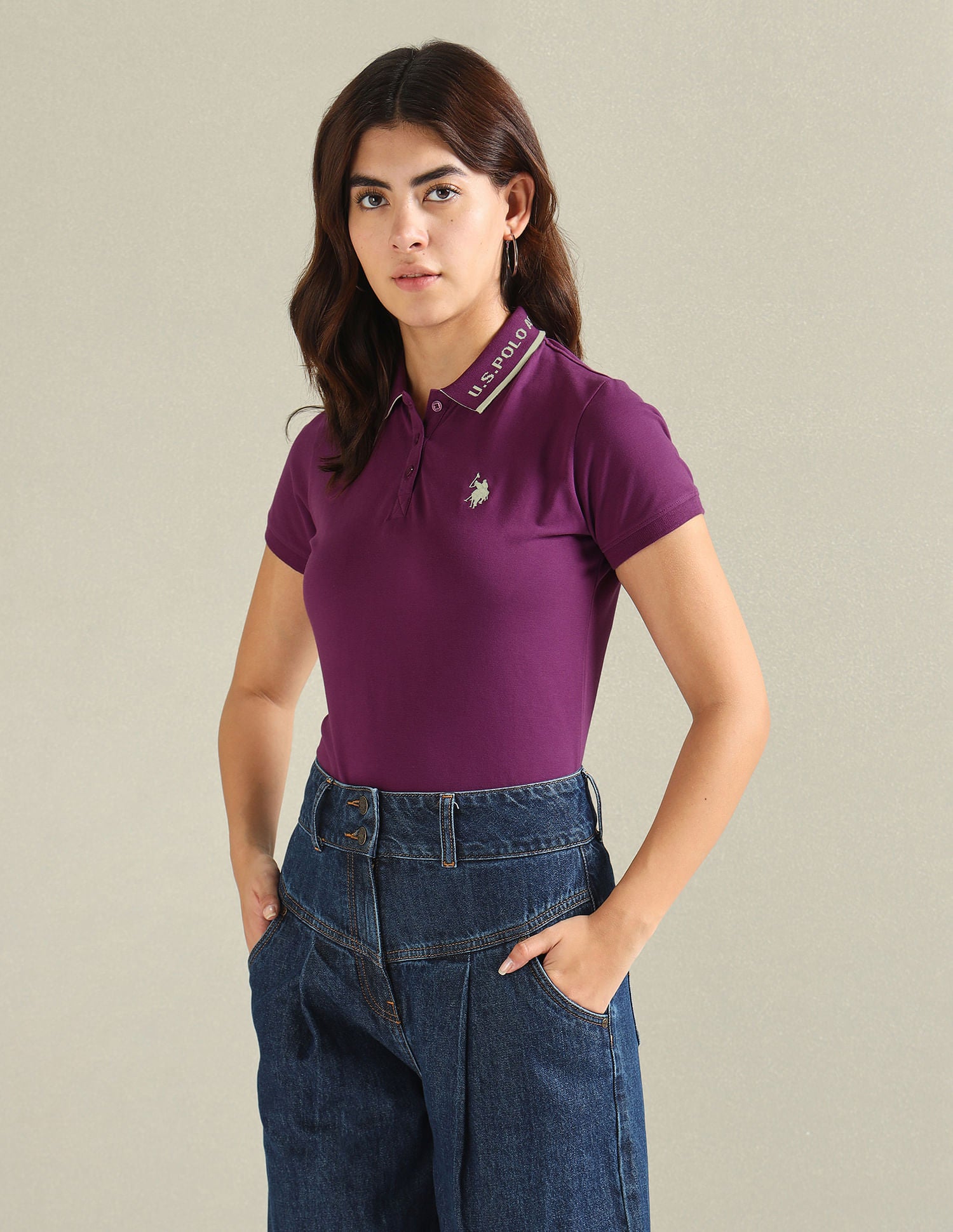 Logo Collar Pique Polo Shirt Purple - U.S. Polo Assn. India | Large