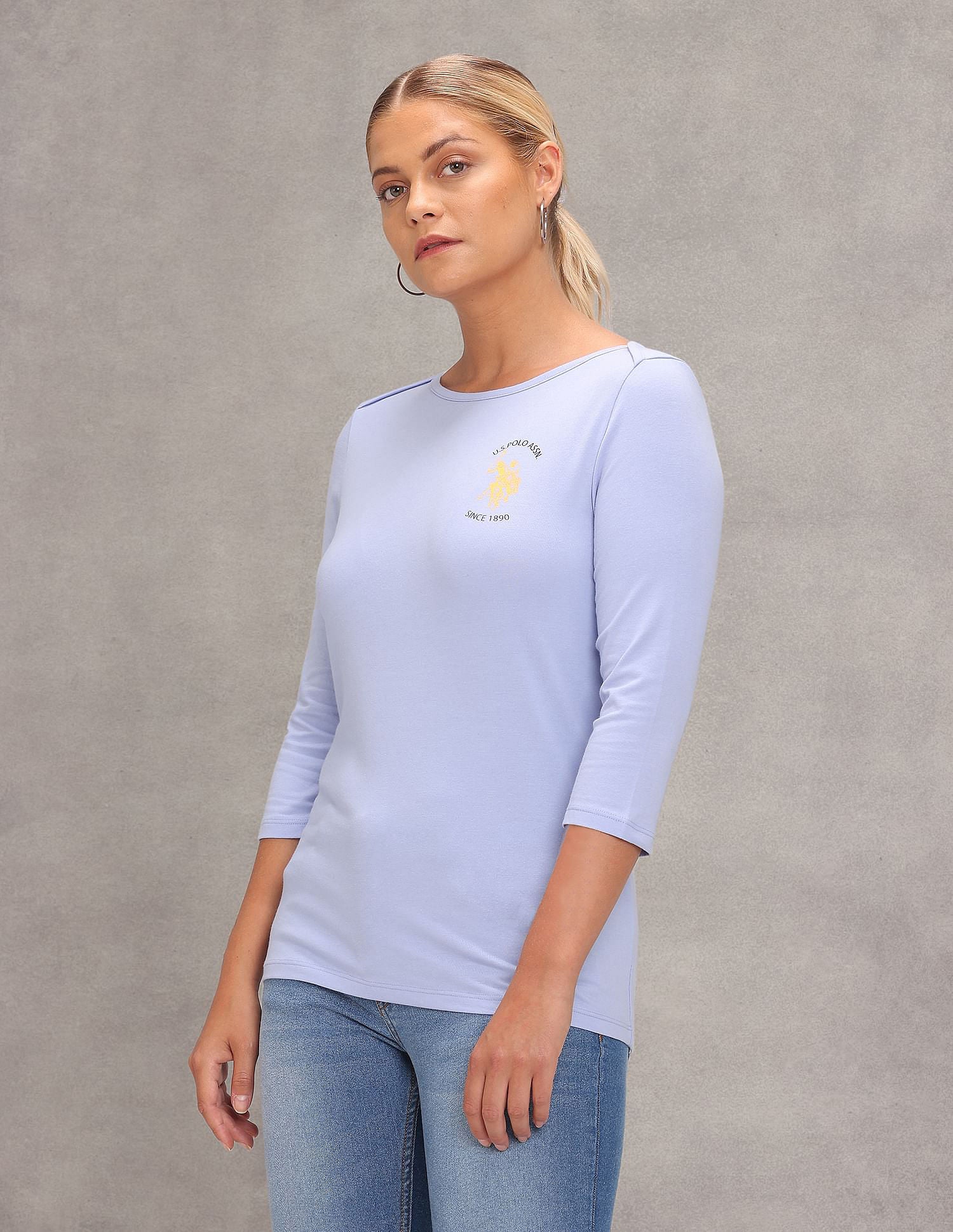 Boat Neck Solid Knit T-Shirt Light Blue - U.S. Polo Assn. India | Large