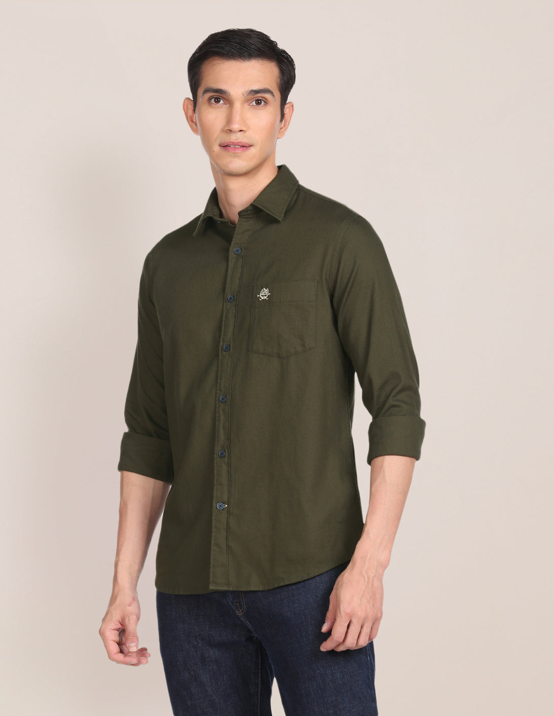 Spread Collar Solid Casual Shirt Olive - U.S. Polo Assn. India | Large