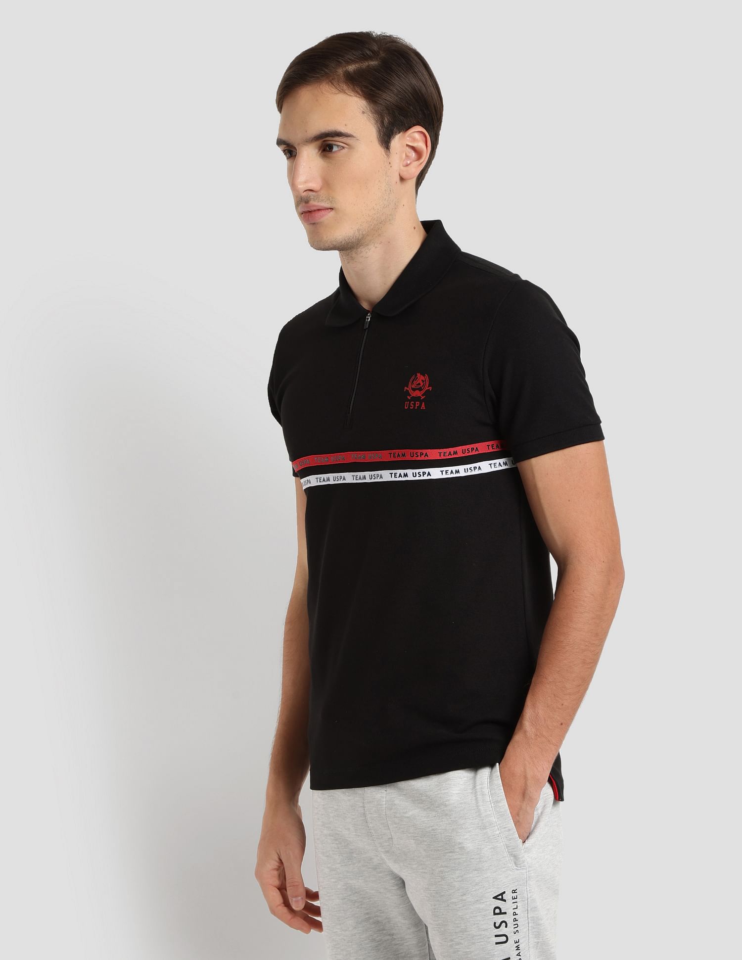 Brand Tape Zipper Active Polo Shirt Black - U.S. POLO ASSN. | Large