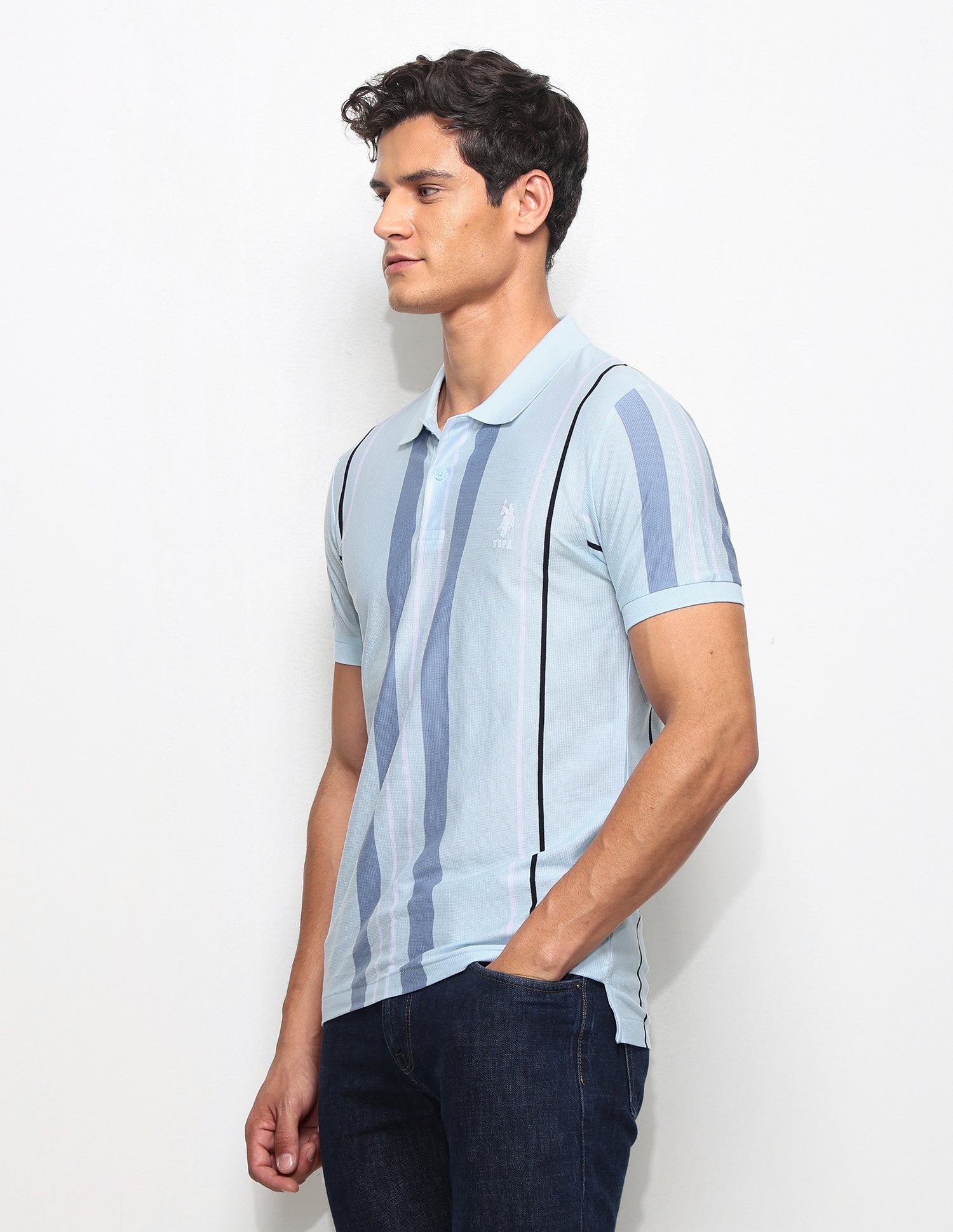 Vertical Striped Slim Fit Polo Shirt Light Blue - U.S. Polo Assn. India | Large