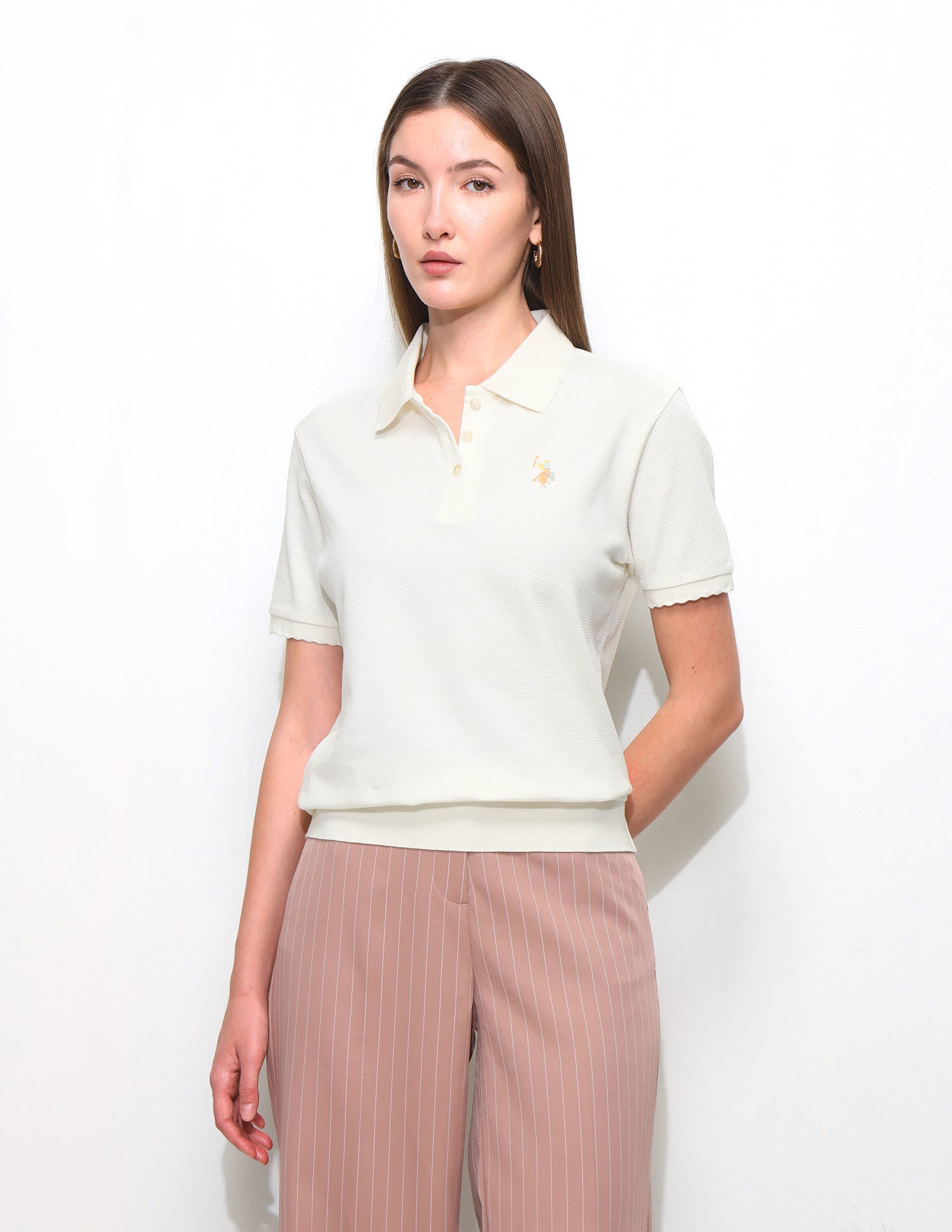 Textured Relaxed Fit Blouson Polo Shirt Off White - U.S. Polo Assn. India | Large