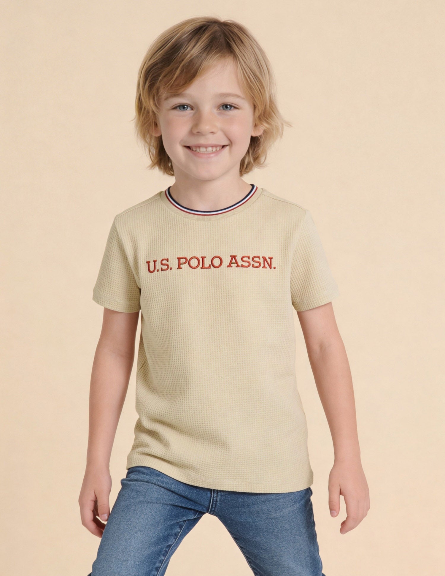 Textured With Brand Embroidered Regular Fit T-Shirt Beige - U.S. Polo Assn. India | Large