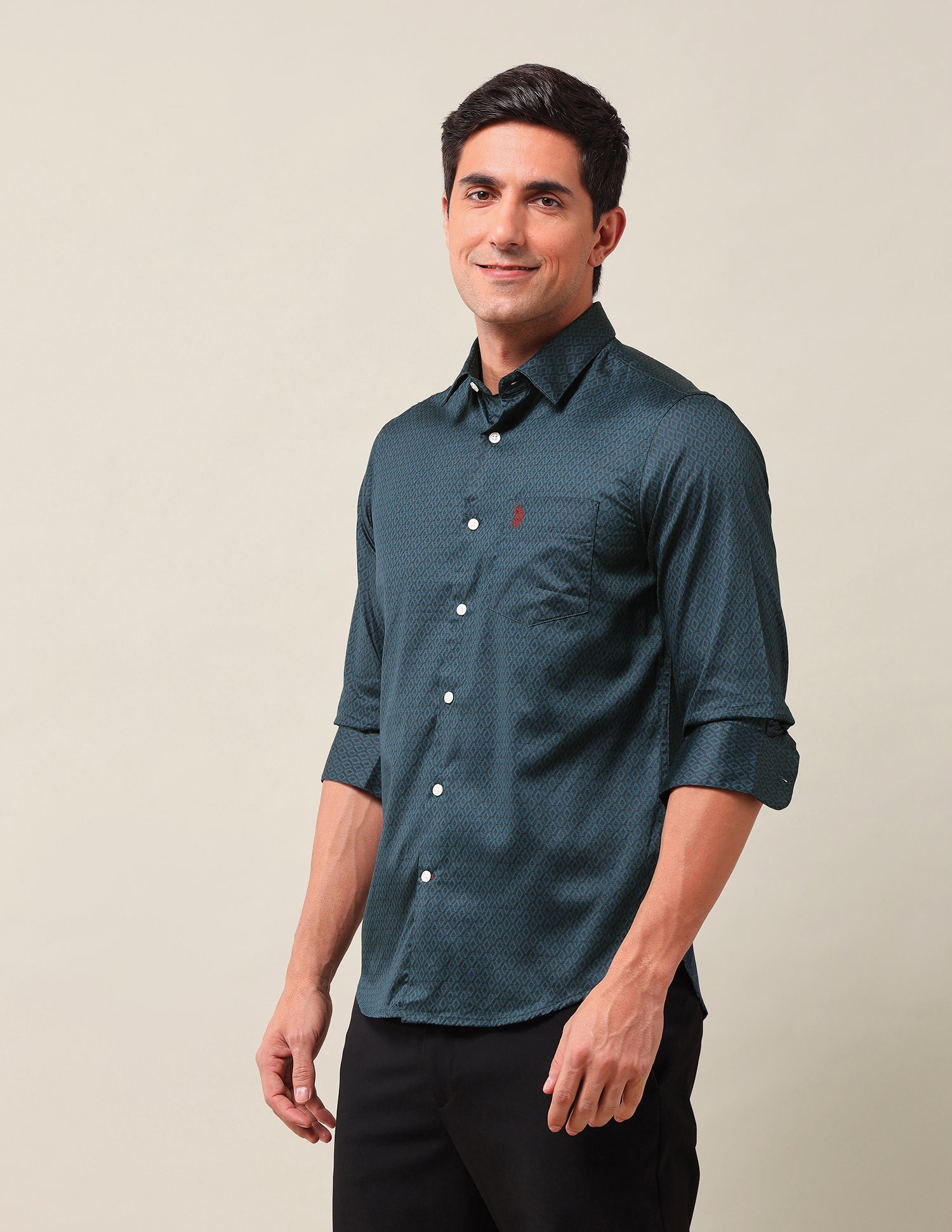 Tailored Fit Geometric Printed Shirt Teal - U.S. Polo Assn. India | Large