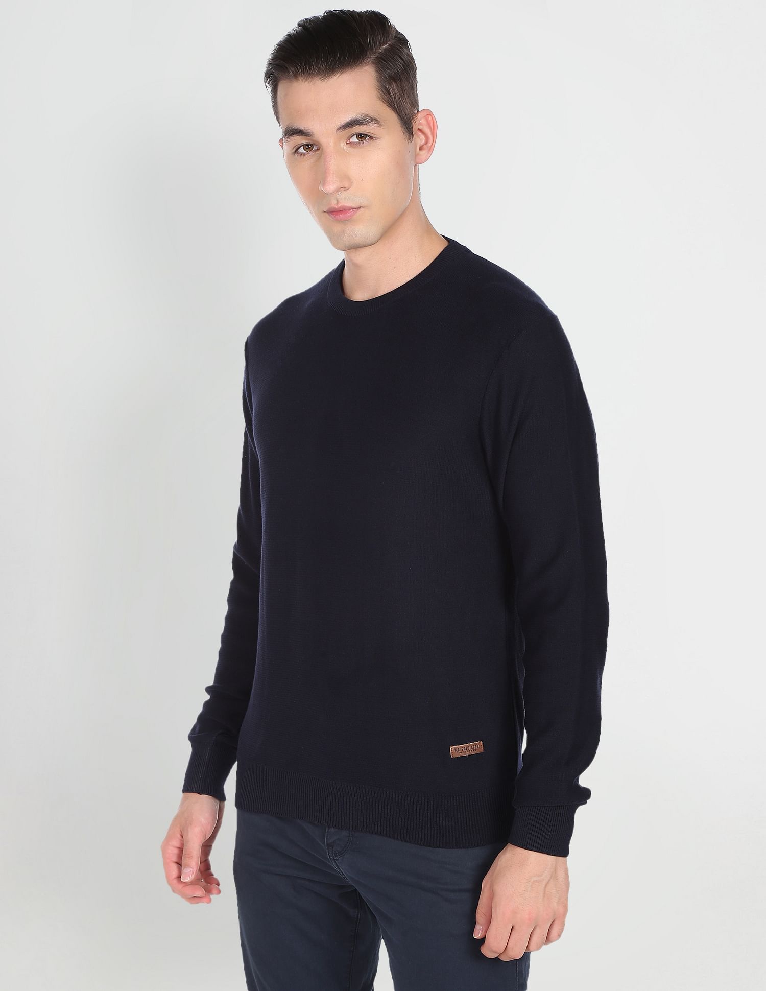 Crew Neck Solid Cotton Sweater