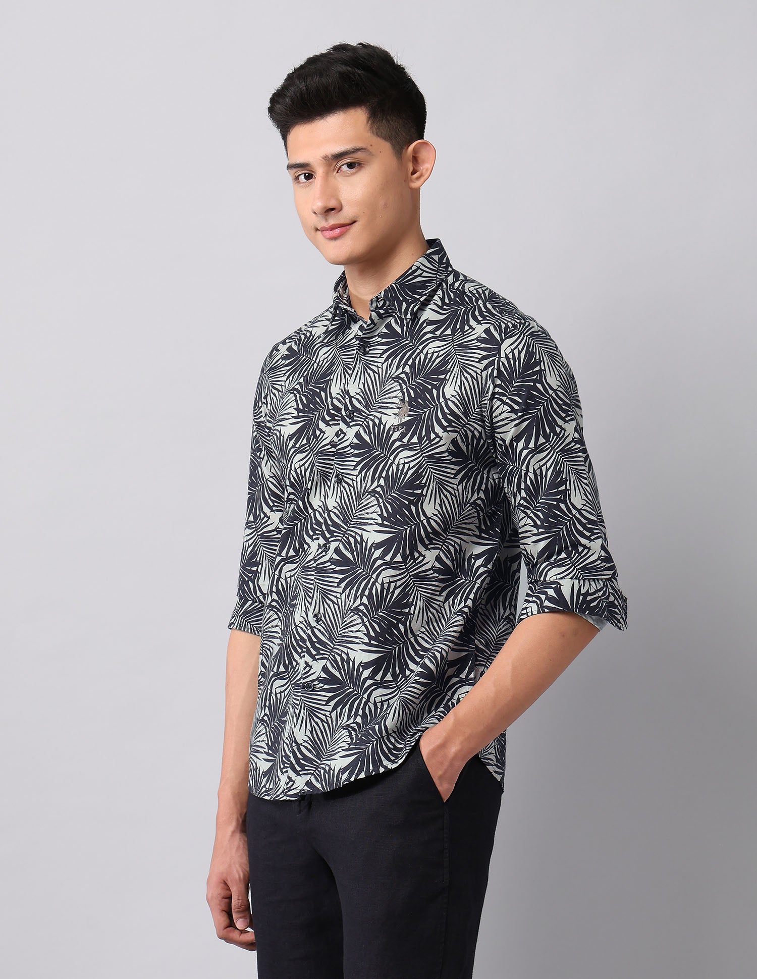 Tropical Printed Poplin Shirt Dark Grey - U.S. Polo Assn. India | Large