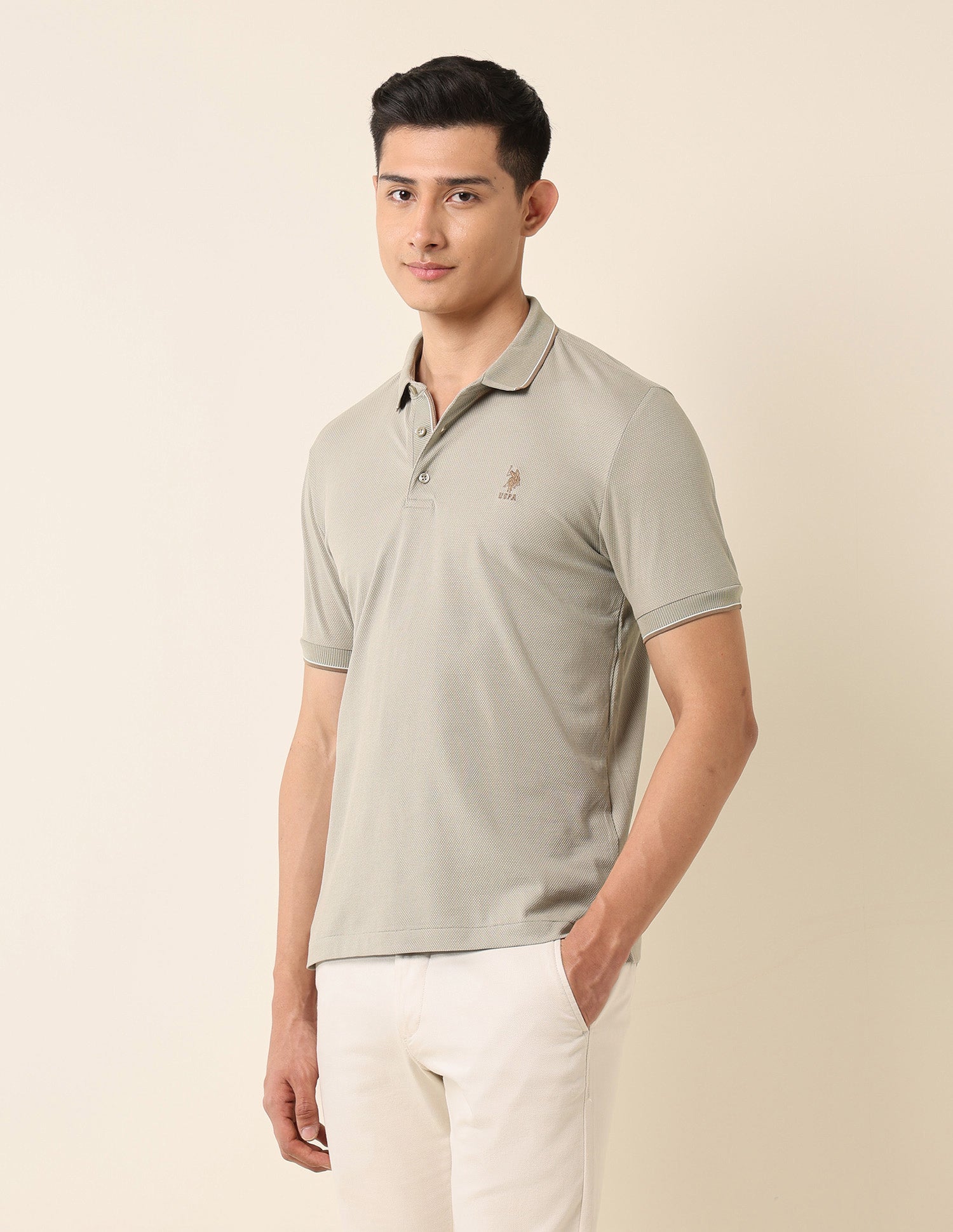 Textured Slim Fit Polo Shirt Light Grey - U.S. Polo Assn. India | Large