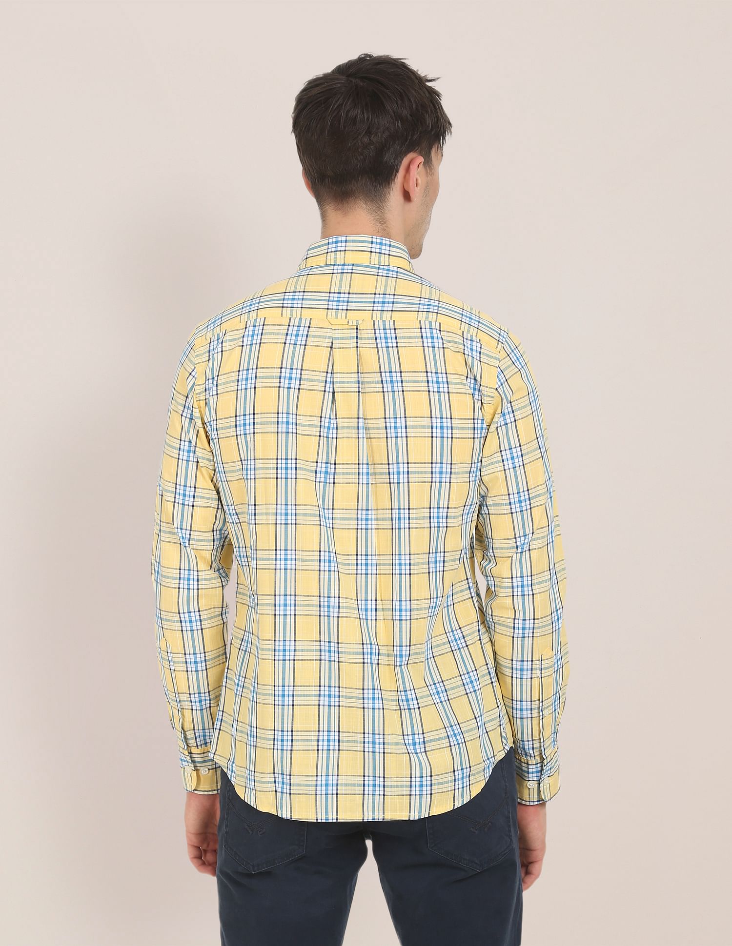 Men Yellow Spread Collar Check Cotton Casual Shirt Yellow - U.S. POLO ASSN. | Large