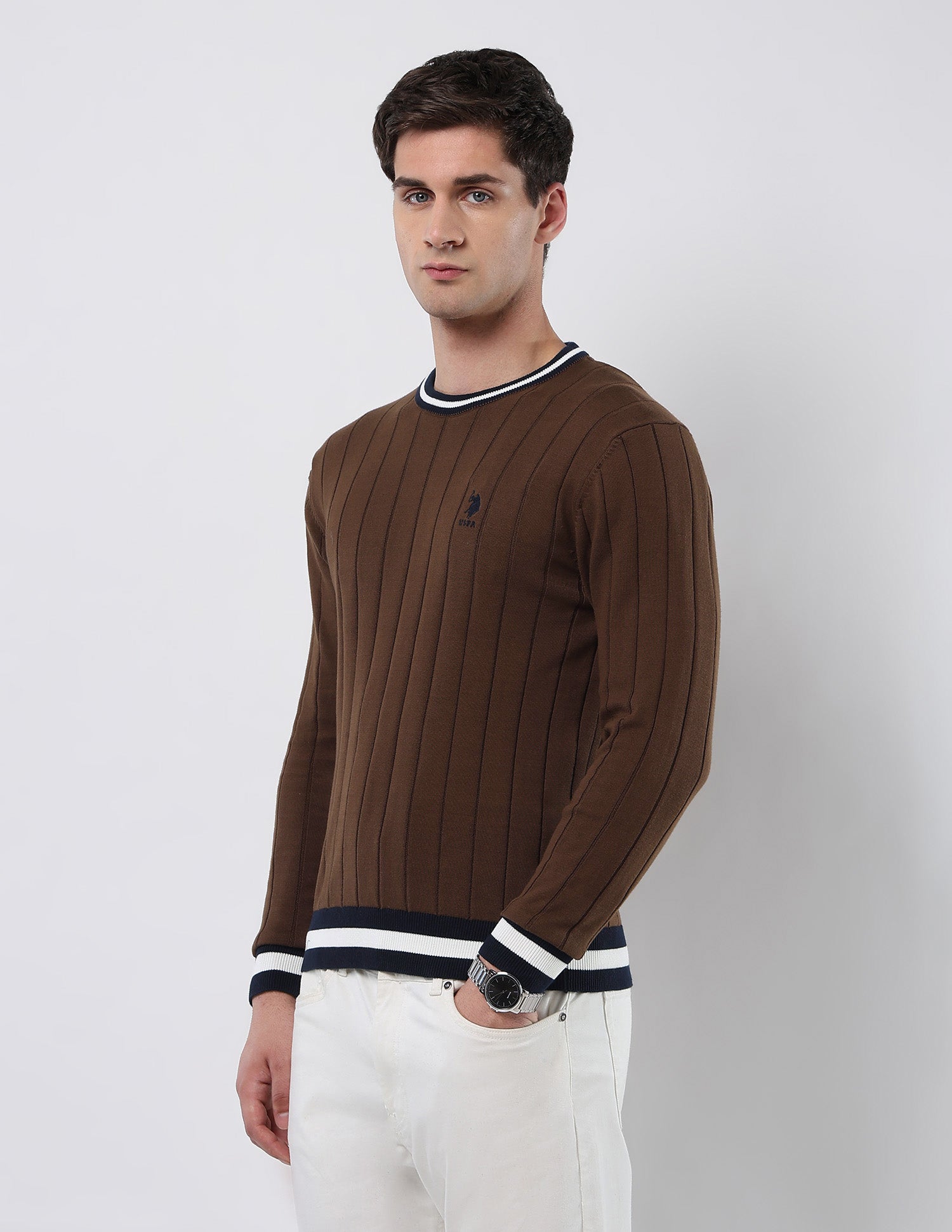 Vertical Striped Patterned Knit Sweater Brown - U.S. POLO ASSN. | Large