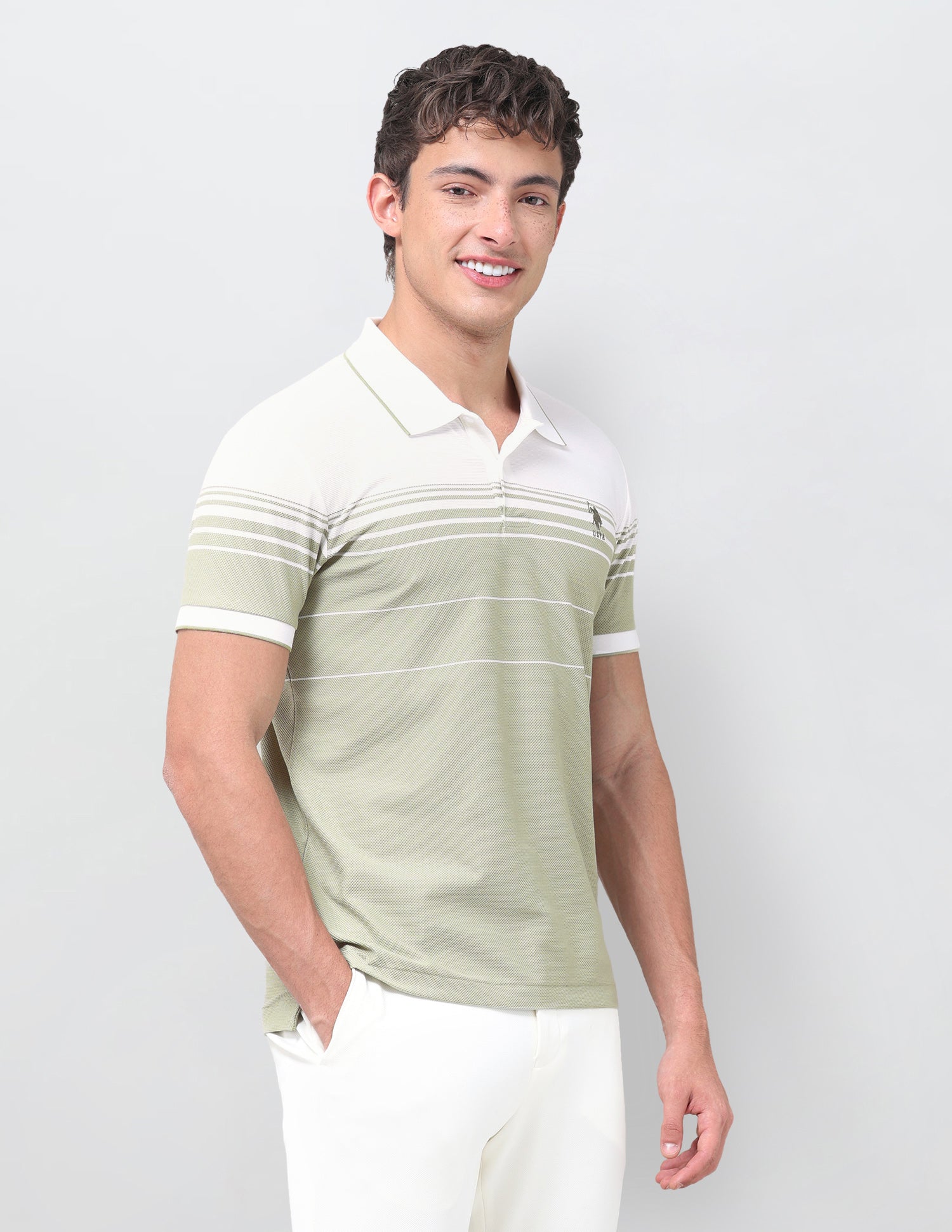 Horizontal Striped Slim Fit Polo Shirt Light Green - U.S. Polo Assn. India | Large