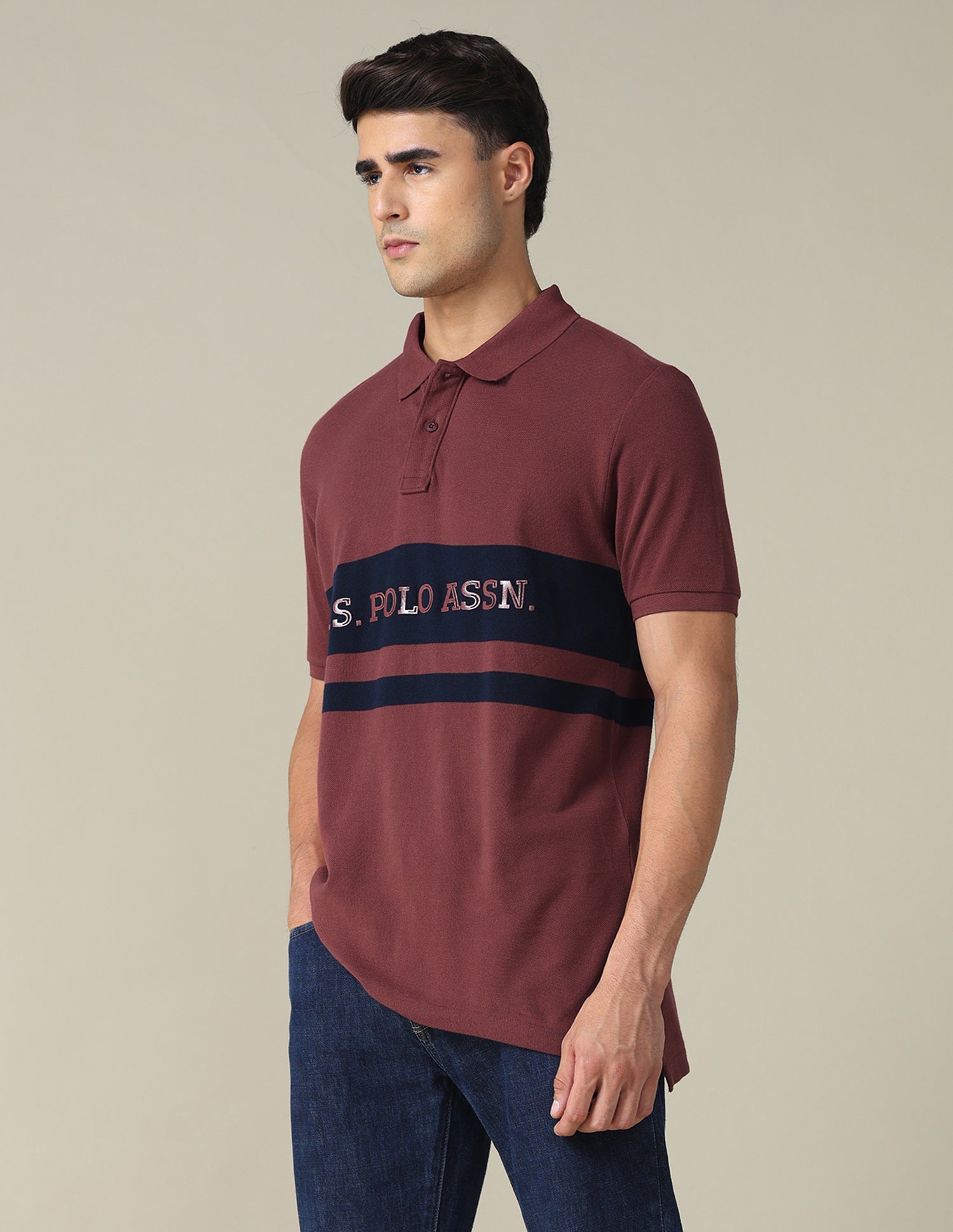 Colourblocked Brand Printed Regular Fit Polo Shirt Maroon - U.S. POLO ASSN. | Large
