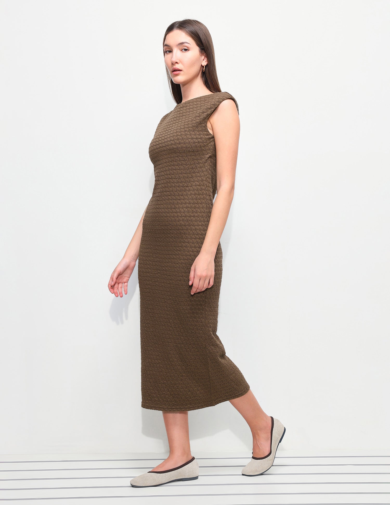 Textured Fitted Midi Sheath Dress Brown - U.S. Polo Assn. India | Large