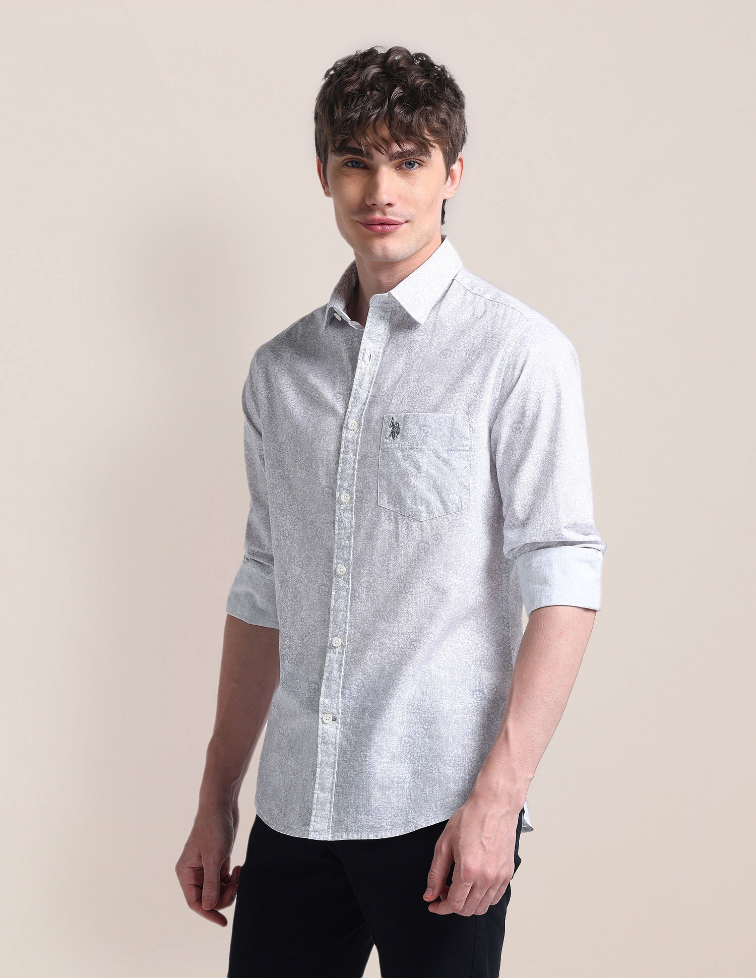 Cutaway Collar Floral Cotton Shirt Grey - U.S. Polo Assn. India | Large