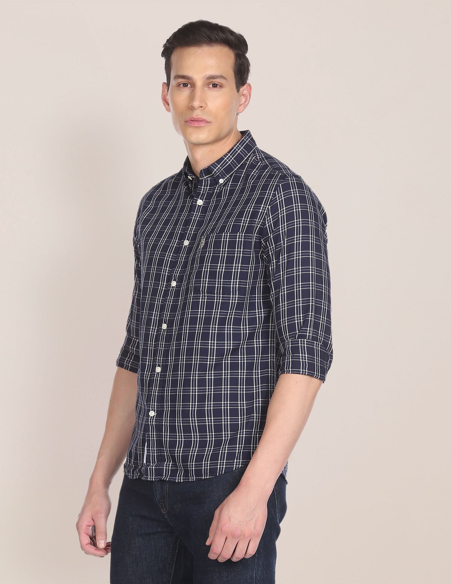 Men Navy Button Down Collar Check Casual Shirt Navy - U.S. POLO ASSN. | Large