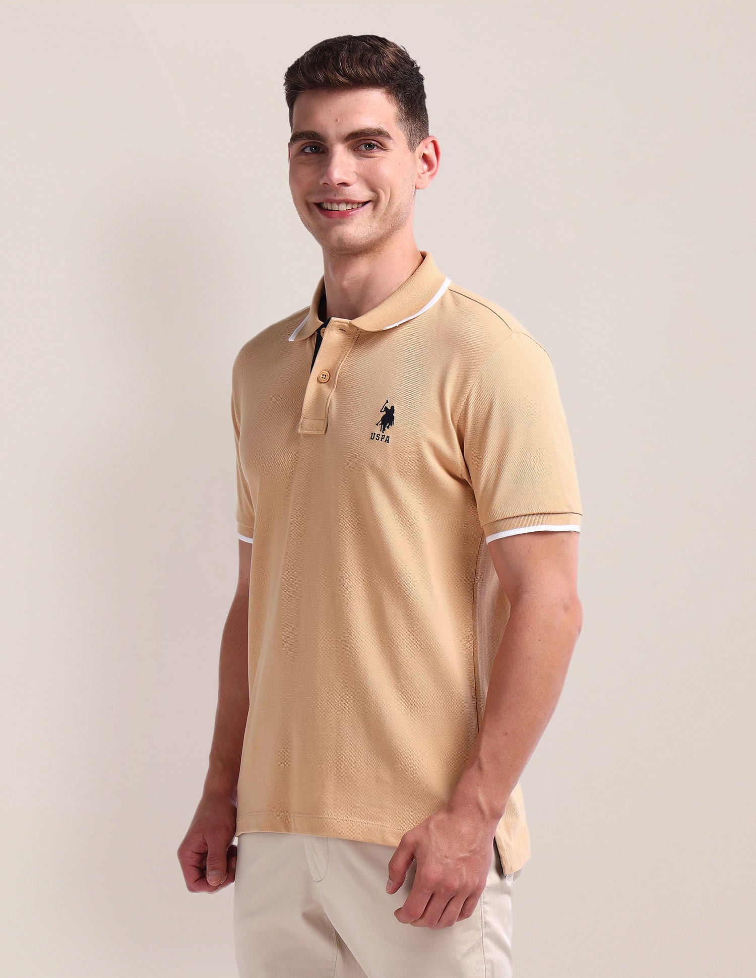 Tipped Slim Cotton Polo Shirt Beige - U.S. Polo Assn. India | Large