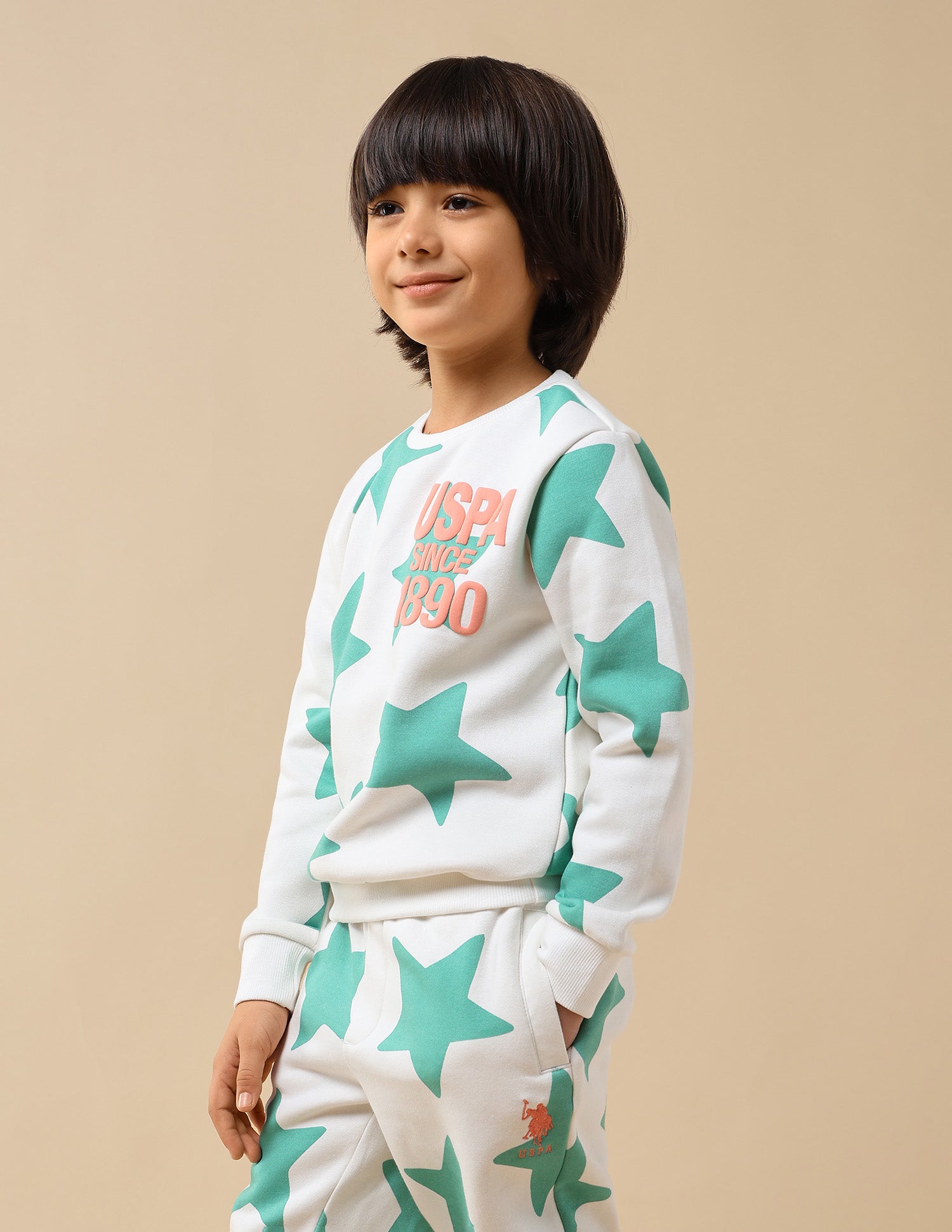 Boys Geometric Starred Regular Fit Sweatshirt Off White - U.S. POLO ASSN. | Large